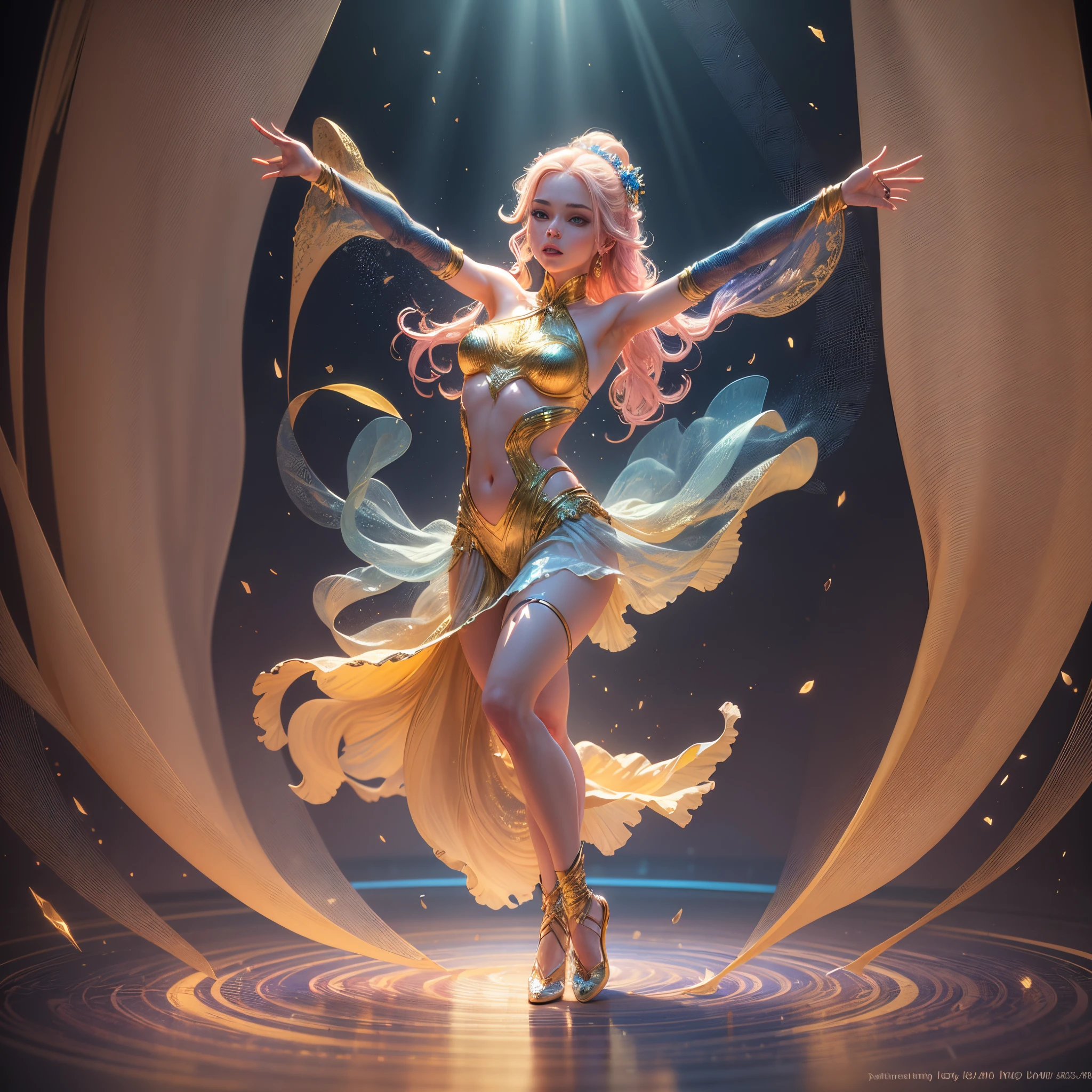 ******For your request to combine a 3D hologram style with the specified details in digital 3D art style, the prompt would be:"A 3D hologram render of a female dancer with striking golden hair, captured in a dynamic, energetic dance pose .This holographic image, while ethereal and translucent, is rich in detail and color. The environment is a 3D beach setting, where the hologram cleverly integrates realistic water reflections, shimmering and sparkling as if they're responding to the dancer's movements. The atmosphere of the scene is lively and vibrant, enhancing the impression of her lively dance moves. This piece is realized using advanced 3D rendering software, allowing for high-resolution textures and detailed lighting settings that highlight the holographic quality of the image. The light plays across the scene, creating a mesmerizing depth and movement, making the dancer and her surroundings appear both surreal and strikingly real,[Subject], rendered in a [Style] style. The color scheme is dominated by [Color Scheme], conveying a [Mood ] mood. In the background, there is [Setting], - aXk1oE7 --auto --s2