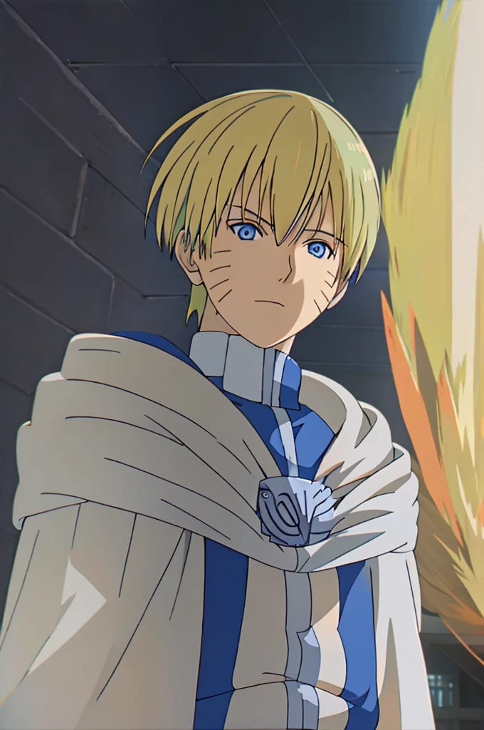 anime boy with spiky yellow hair and white cape looking at the camera, tall anime guy with blue eyes, naruto as himmel, naruto uzumaki, male anime character, hero, looking at viewer