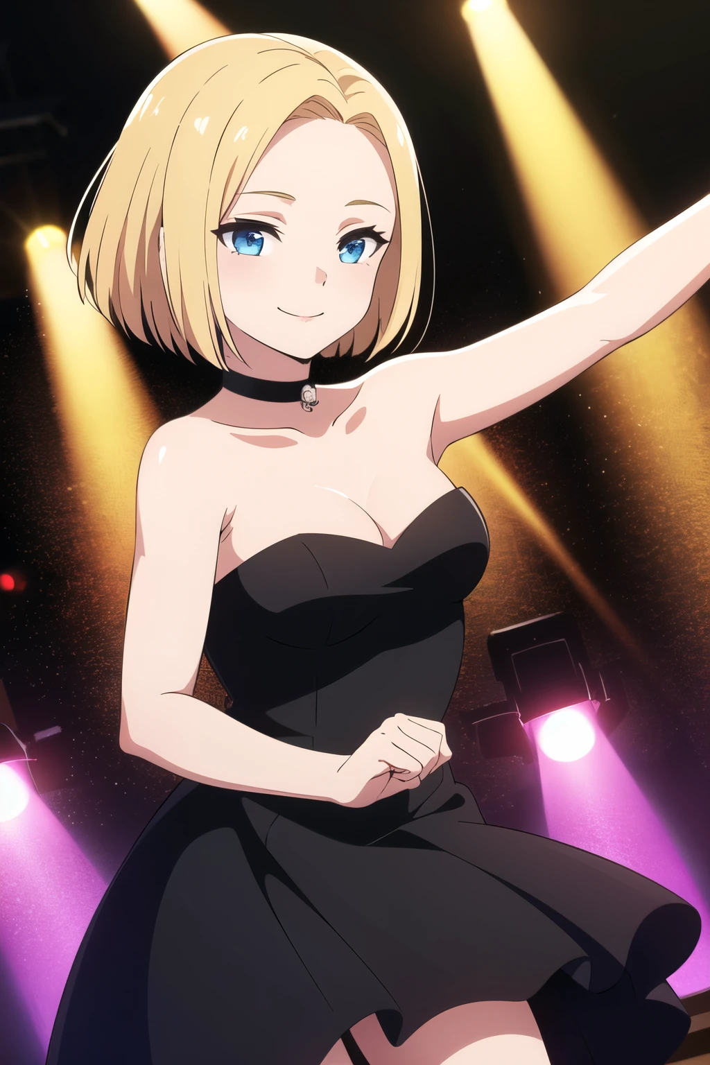android18 (masterpiece)), ((best quality)), (ultra-detailed), wallpaper, highest quality, ((an extremely delicate and beautiful)), {{{highres}}}, 1 girl, bob hair, blonde hair, blue eyes, smile, illustration, medium breasts, strapless black dress, short black dress, black tube dress, choker, dancing, disco lights, nightclub.