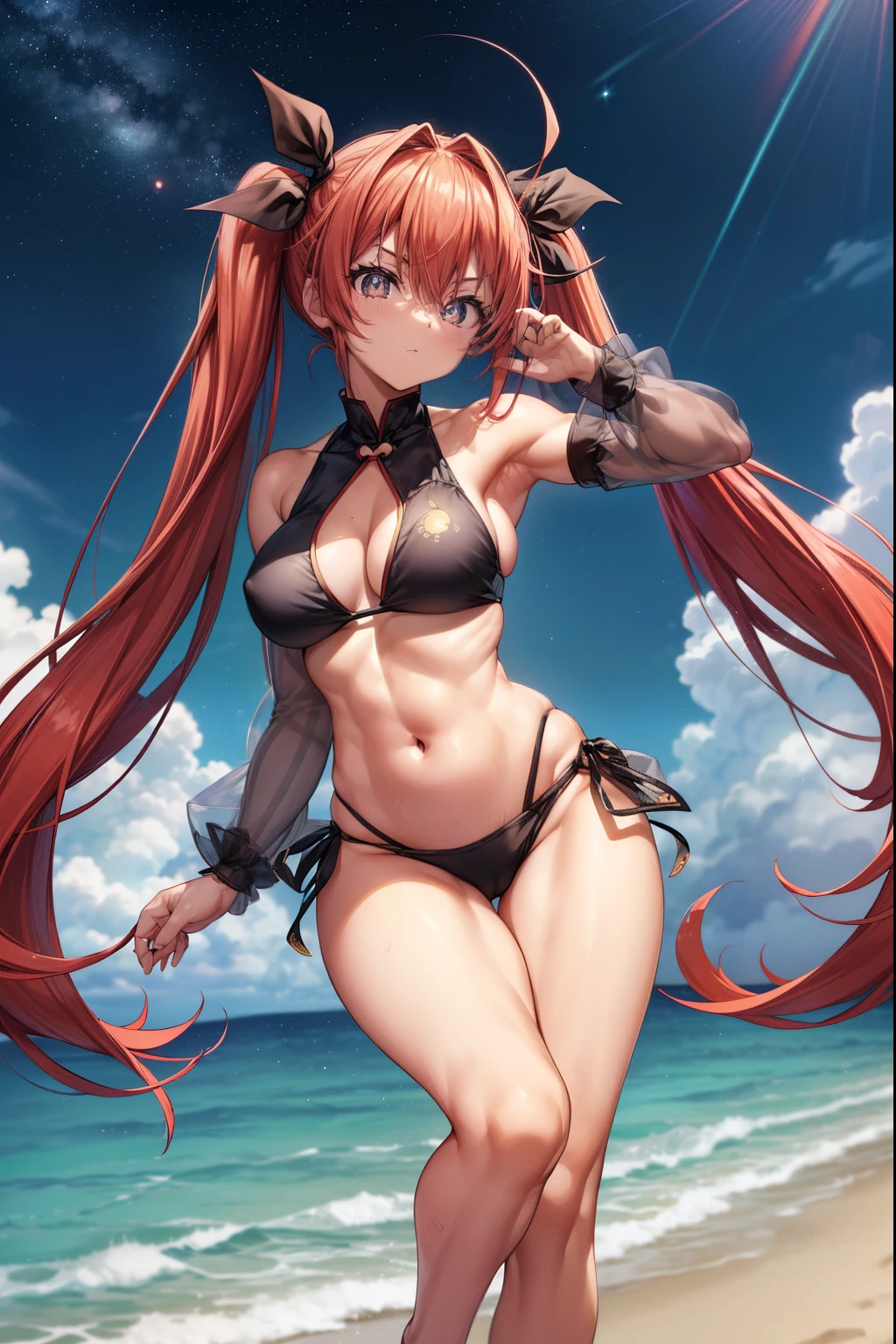 Kotoriitsuka, Kotori Itsuka, cabelos longos, (((olhos vermelhos:1.5))), red hair, Ahoge, (peito achatado:1.2), ((twintails)))(, fita de cabelo, fita preta, olhando para o espectador, beach scenery with starry sky and full moon in the sky, middle boobs, coxas musculosa, barriga musculosa, quadris largo, cintura fina, standing on her feet, barefoot, foto de corpo inteiro, (master part:1.2), best quality, high resolution, Unity 8k papel de parede, (illustration:0.8), (belos olhos detalhados:1.6), Rosto extremamente detalhado, perfect lighting, CG extremamente detalhado, (perfect hands, anatomia perfeita),