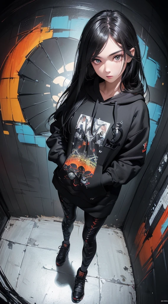 (((8k wallpaper of extremely detailed CG unit:1.2, ​masterpiece, hight resolution:1.2, top-quality:1.2, masutepiece))), ((a very beautiful woman, 9-headed model, Hands in pockets:1.8, Grunge Fashion, wearing hoodies, Wearing leggings, Wearing shoes)), ((extra detailed face, Contrasting eyes, Highly detailed black eyes:1.2, extra detailed body, Top quality real texture skins)), (A dark-haired, length hair, de pele branca), ((colorful paint wall)), (high-angle:1.2, Fisheye:1.3), hyper realisitic, digitial painting,