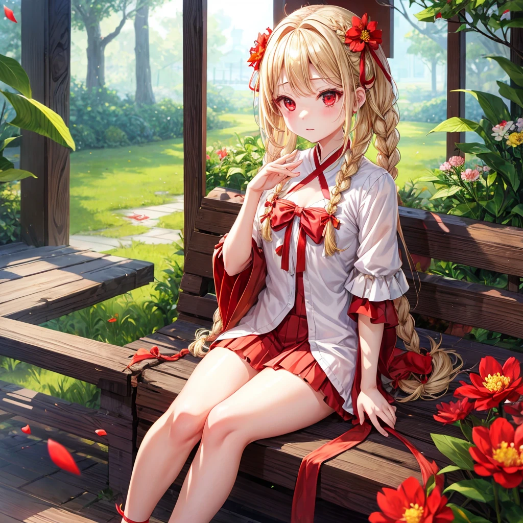 a blond、Braids、red eyes、One pretty girl、独奏、animesque、lightly dressed、a miniskirt、sitting on、flower petals、bare-legged、firey、bow ribbon