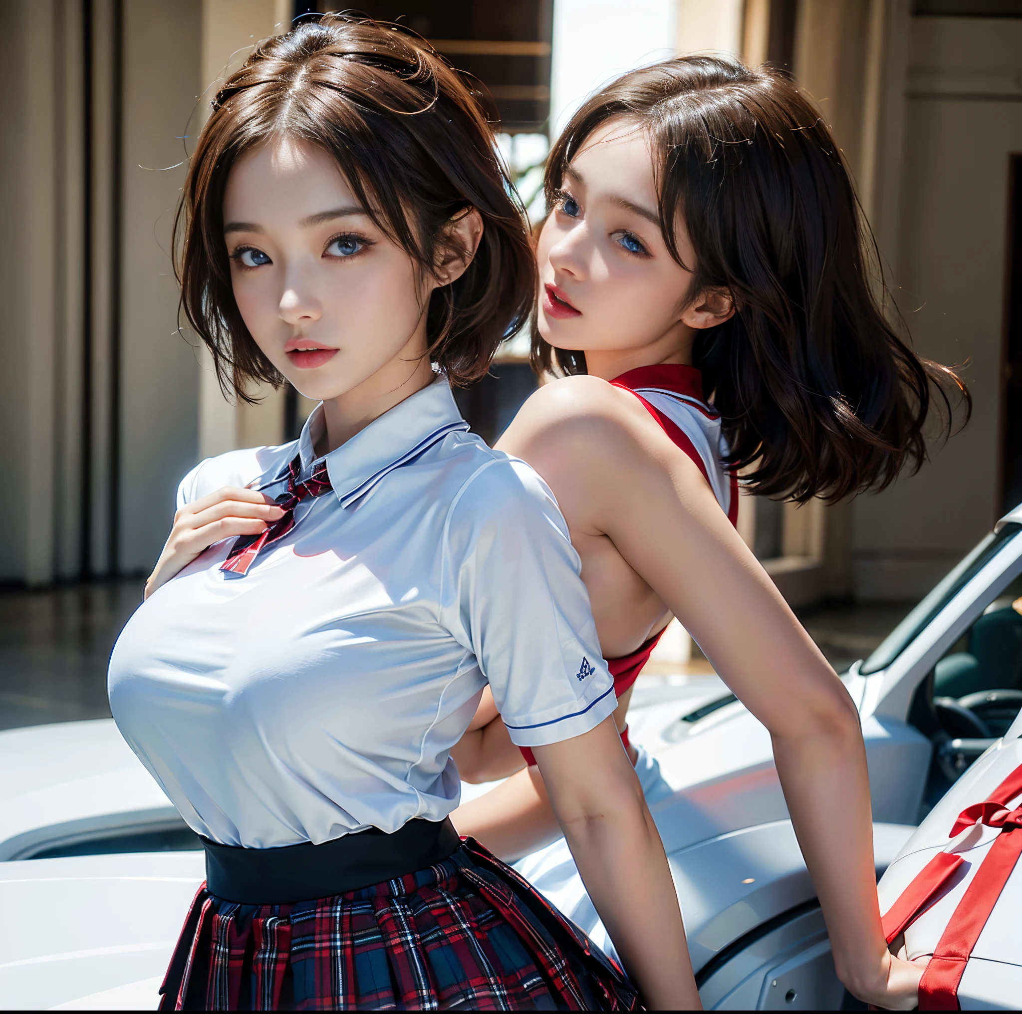 ((Realistic lighting、top-quality、in 8K、masterpiece:1.3))、Clear focus:1.2、1girl in、extremely detailed eye and face、beatiful detailed eyes、Smiling at the camera、Perfect figure:1.4、Slim abs:1.1、((dark brown hair))、(White crop top:1.4)、(outside of house、natta:1.1)、Street、Super fine face、Narrow-eyed、二重まぶた、Beautiful fece、Opened mouth:1.8、stares at the camera、Two beautiful sisters who are most famous in the world、Constriction of the lower back、Beautiful legs、Taut skin、Highly detailed facial and skin texture、A detailed eye、thin cheeks、Healthy skin、(Layered hairstyle、dark brown hair)、(exposed breast)、((disheveled outfit and hair:1.2))、(Elegant Japan sailor suit:1.5)、 (Natural Breast、Natural cleavage)、(in an incredibly crowded airplane))、frombelow、((Expression that blushes violently:1.8))、