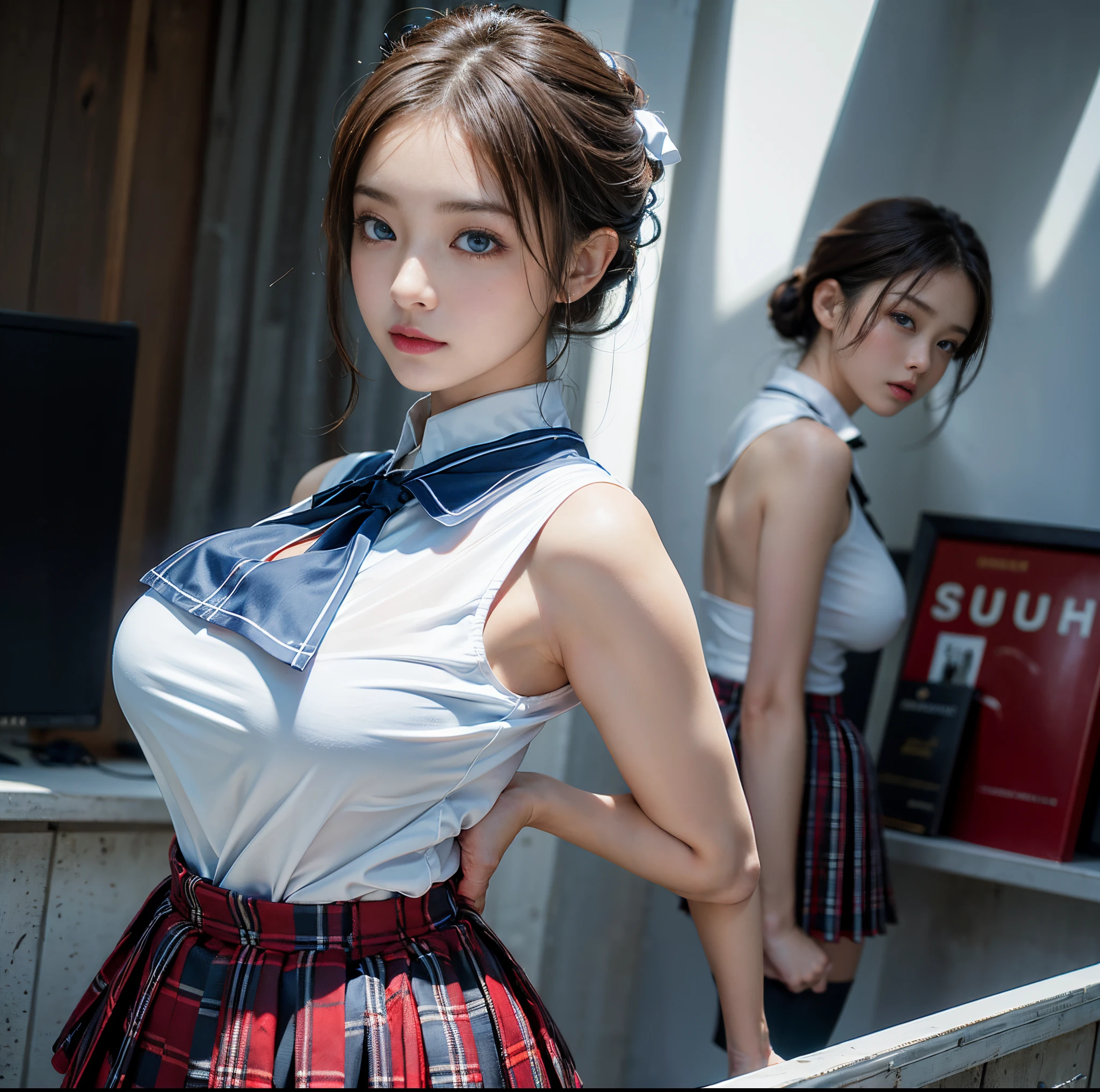 top-quality, 8K picture quality, masterpiece, Professional lighting without shadows, Two Women, (with perfect body、Colossal breasts with tension:1.2), Bright whitening skin, (Bright and beautiful blue eyes with plump red tear bags reflect a lot of light..1.2)、 A deep red ribbon tie is wrapped around the collar.、 they are wearing white tight polo shirts。, No skin is exposed on the upper body, Super short mini pleated tartan check skirt, (their skirts are incredibly short:1.3), (Proudly showing off her big breasts from the front:1.3), (Another girl on the other side shows off her big ass from behind:1.2),