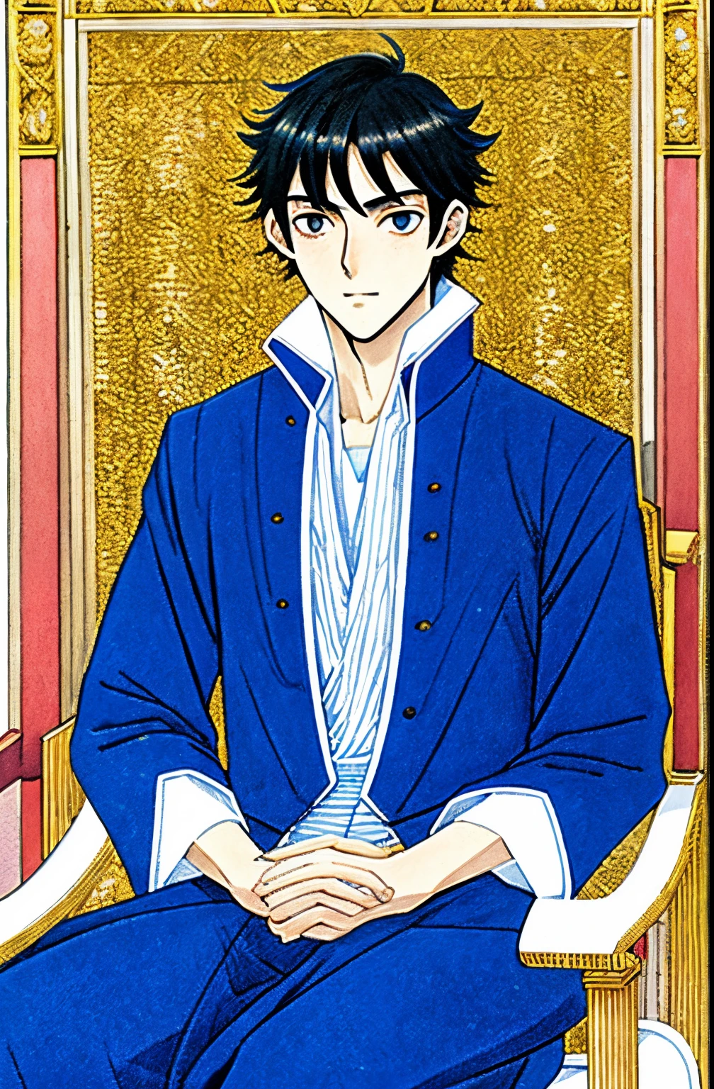Colored manga style portrait of a handsome prince with gentle facial features, light stubble, blue eyes, pale skin. He has black hair that goes past his shoulders. He is outside in the palace garden sitting on a chair. He looks very relaxed and calm. He wears a royal blue jacket with a white shirt underneath.