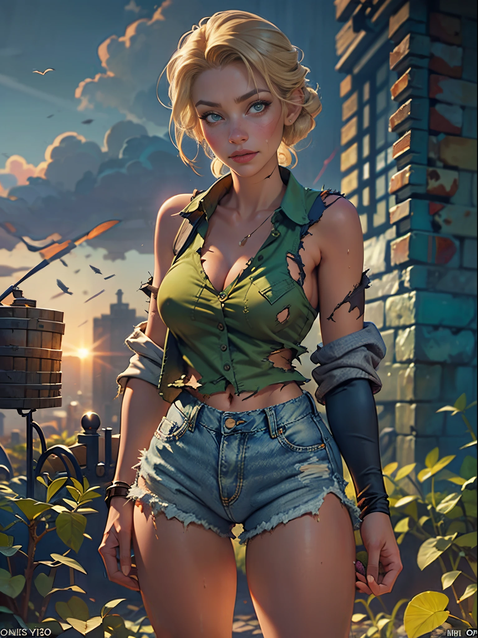 2076 year. The Urban Ruins of the Wasteland, Female huntress picking fruit in the garden, beautiful face, blonde, very torn shirt and denim shorts, shirt in tatters , long legs, sweating through, sun rising, Nice warm colors, head to toe full body shot