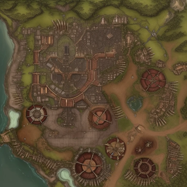 um mapa de uma vila com um rio e uma ponte, mapa dnd sem grade, r / Mapas de batalha, dnd setting!, Vila Orc, battle map prop, extremamente detalhado d&d mapa, DND Mapa, mapas da oficina steam, mining outpost, d&d fantasy scenario, insanamente detalhado, d&d mapa, d&d estilo fantasia mapa design, mapa do jogo