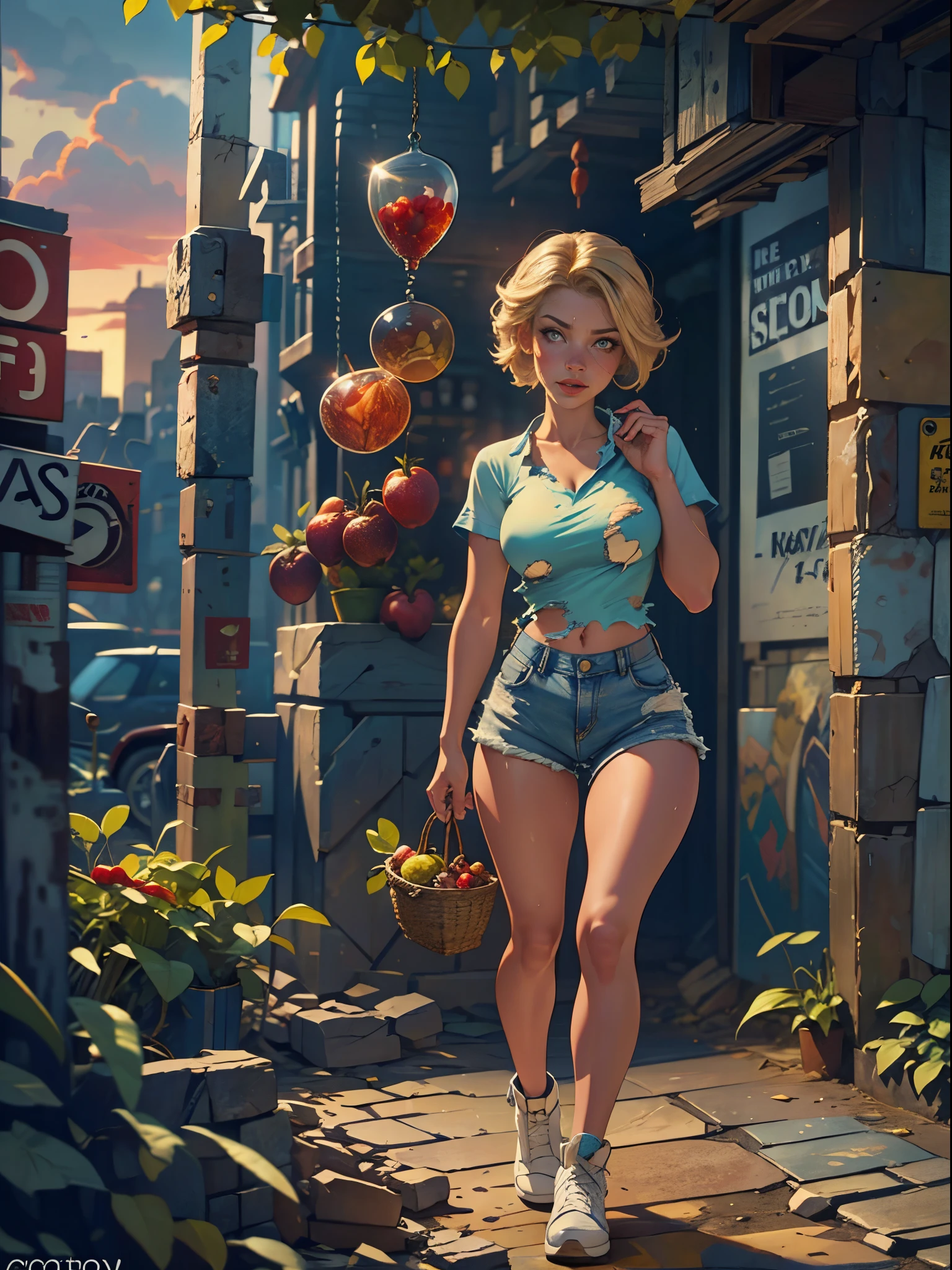 2076 year. The Urban Ruins of the Wasteland, Female huntress picking fruit in the garden, beautiful face, blonde, very torn shirt and denim shorts, shirt in tatters , long legs, sweating through, sun rising, Nice warm colors, head to toe full body shot