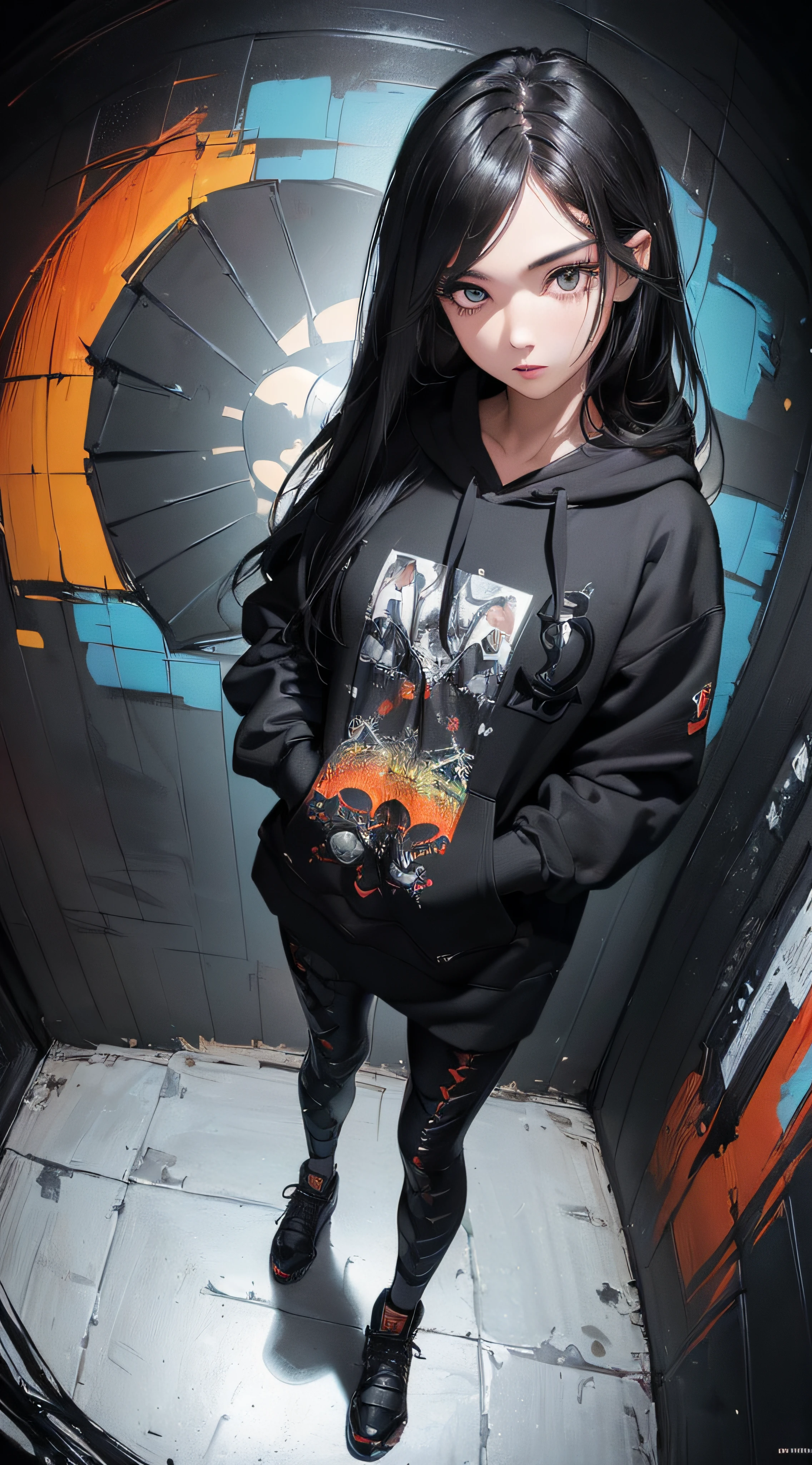 (((8k wallpaper of extremely detailed CG unit:1.2, masterpiece, hight resolution:1.2, top-quality:1.2, masutepiece))), ((a very beautiful woman, 9-headed model, Hands in pockets:1.8, Grunge Fashion, wearing hoodies, Wearing leggings, Wearing shoes)), ((extra detailed face, Contrasting eyes, Highly detailed black eyes:1.2, extra detailed body, Top quality real texture skins)), (A dark-haired, length hair, de pele branca), ((colorful paint wall)), (high-angle:1.2, Fisheye:1.3), hyper realisitic, digitial painting,