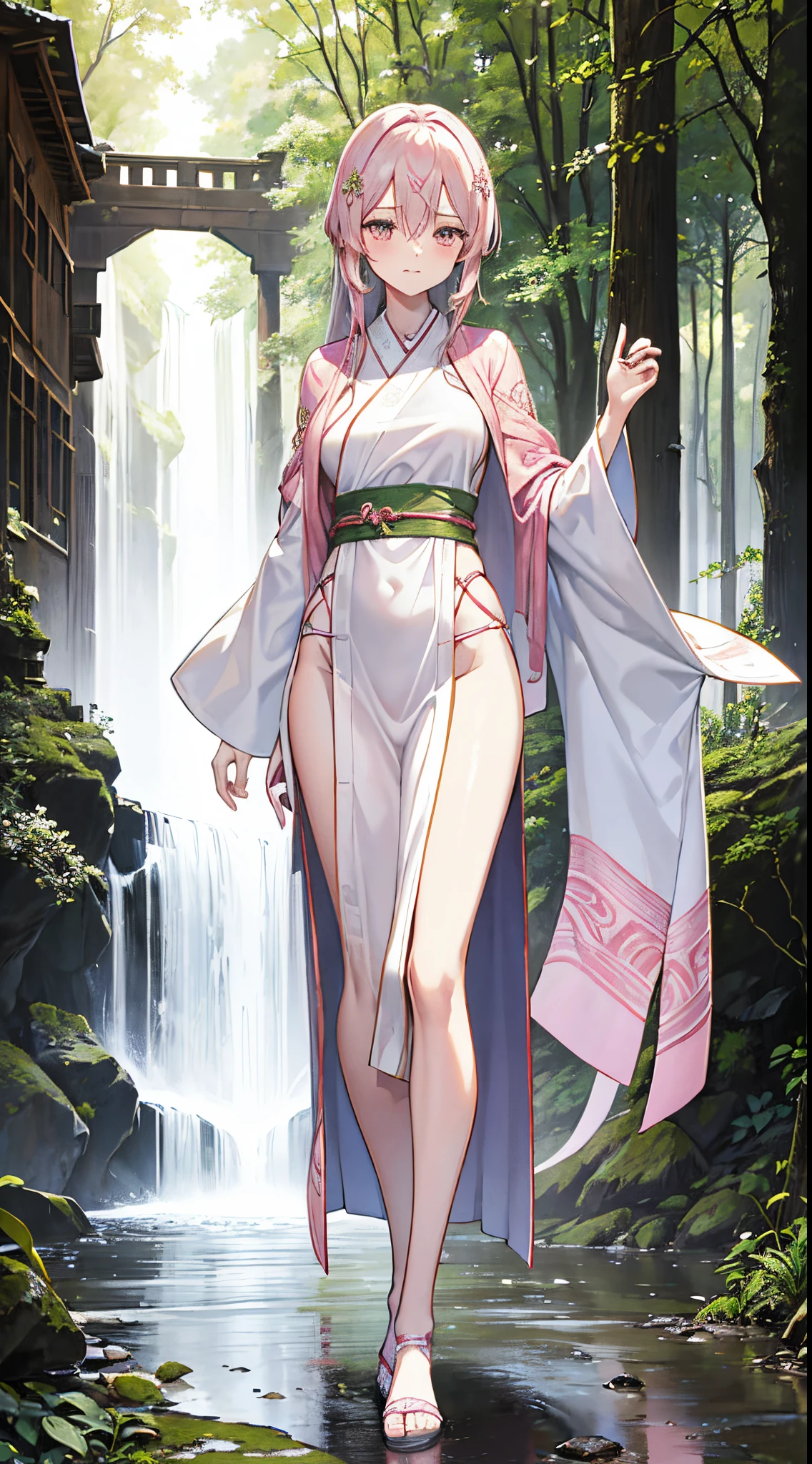 Shy old pretty girl standing by stream in woods,Wearing a pink antique bellyband and shawl,thong robe,sexy for, Cute and well-behaved,elongated, Slender white legs,The body proportions are perfect, long slim figure, Full body photo,Perspective ethnic fashion ancient style bellyband outer shirt suit uniform Hanfu,Eight K wallpaper,ultra - detailed