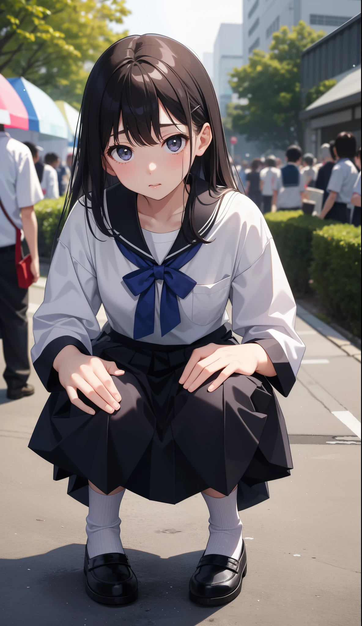 1girl in、AS-Adult、、The shirt、skirt by the、（small tits）Japan High School、校服、serafuku、crouching down、Panchira、Upper body portrait、
