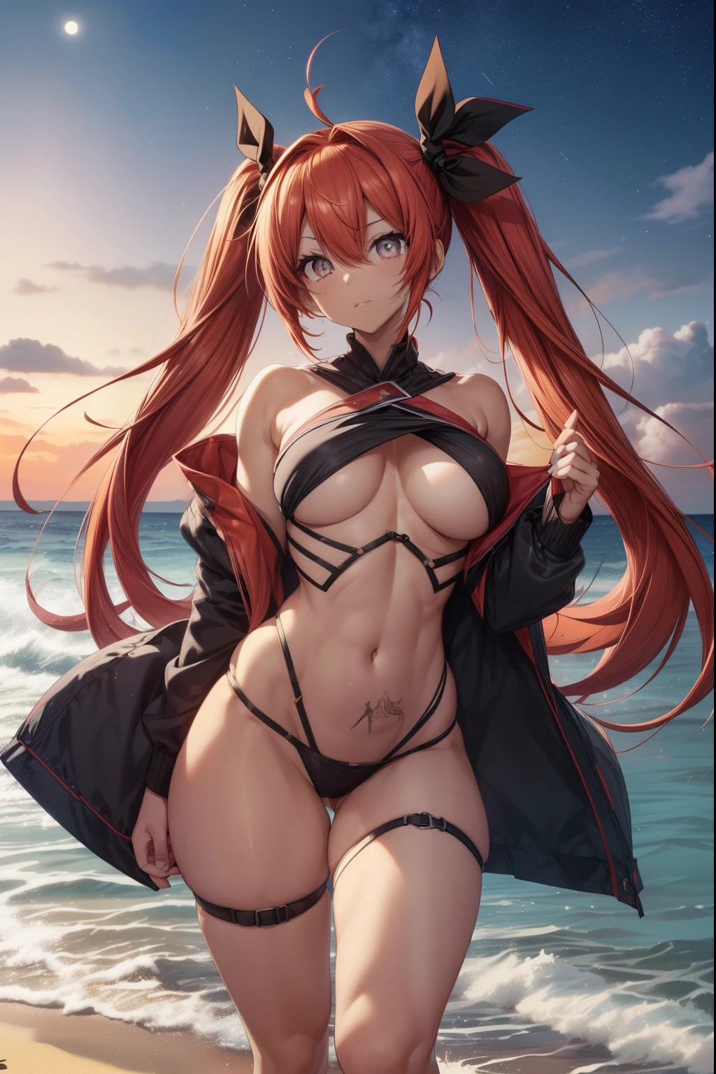 Kotoriitsuka, Kotori Itsuka, cabelos longos, (((olhos vermelhos:1.5))), red hair, Ahoge, (peito achatado:1.2), ((twintails)))(, fita de cabelo, fita preta, olhando para o espectador, beach scenery with starry sky and full moon in the sky, middle boobs, coxas musculosa, barriga musculosa, quadris largo, cintura fina, standing on her feet, barefoot, foto de corpo inteiro, (master part:1.2), best quality, high resolution, Unity 8k papel de parede, (illustration:0.8), (belos olhos detalhados:1.6), Rosto extremamente detalhado, perfect lighting, CG extremamente detalhado, (perfect hands, anatomia perfeita),