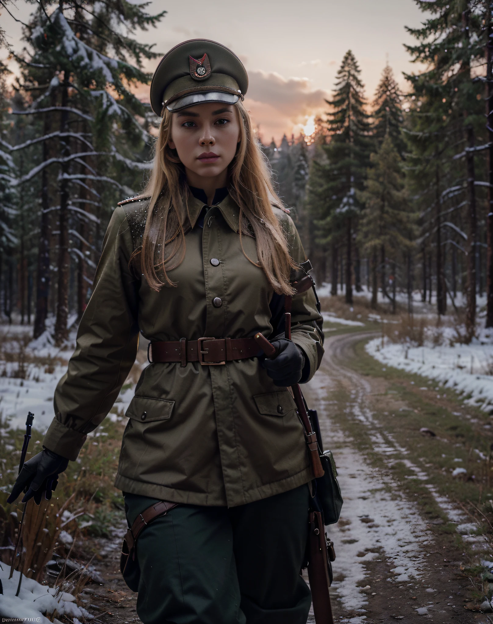 Beautiful young Soviet soldier woman, Latvian face, military hairstyle blonde hair, military hat, gloved hands, dark red uniform with black details, wears a pistol, belt with ammunition and transmitter, military boots, stands in a Polish forest, snowy day, red sky, 4k, Ultra detailed image, realistic, Highly detailed, perfect composition, splendid, Intricately detailed, incredibly detailed, Art photography 8K, hyper detailed, Masterpiece, Ultra detailed, hyper realistic, 4k, Ultra detailed image, realistic, Highly detailed , perfect composition, splendid, Intricately detailed, incredibly detailed, 8k fine art photography, hyper detailed, Masterpiece