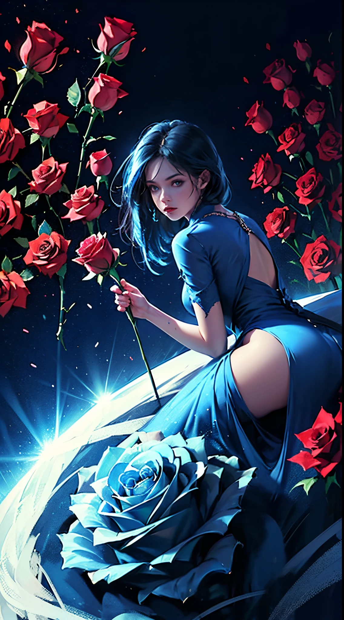(((roses))) one blue rose in the middle of thousands of red roses(((singel blue rose)))HD lighting and dark )<=(epic image quality)dark atmosphere with bright particle light(many effects in background)