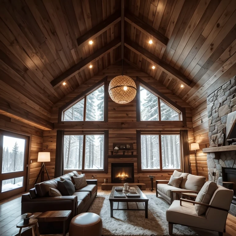 A double-height ceiling living room with a large, floor-to-ceiling window on one side log cabin, oitside is a dark snow-covered landscape, the living area is furnished with flush, contemporary shofas and chairs in neutral tones, central cofee table. The room's color pallete is composed of dark brown and warm tones, with the soft lighting from various lamps adding a cozzy ambiance