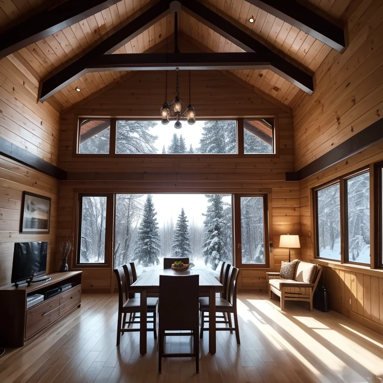 A double-height ceiling living room with a large, floor-to-ceiling window on one side log cabin, oitside is a dark snow-covered landscape, the living area is furnished with flush, contemporary shofas and chairs in neutral tones, central cofee table. The room's color pallete is composed of dark brown and warm tones, with the soft lighting from various lamps adding a cozzy ambiance
