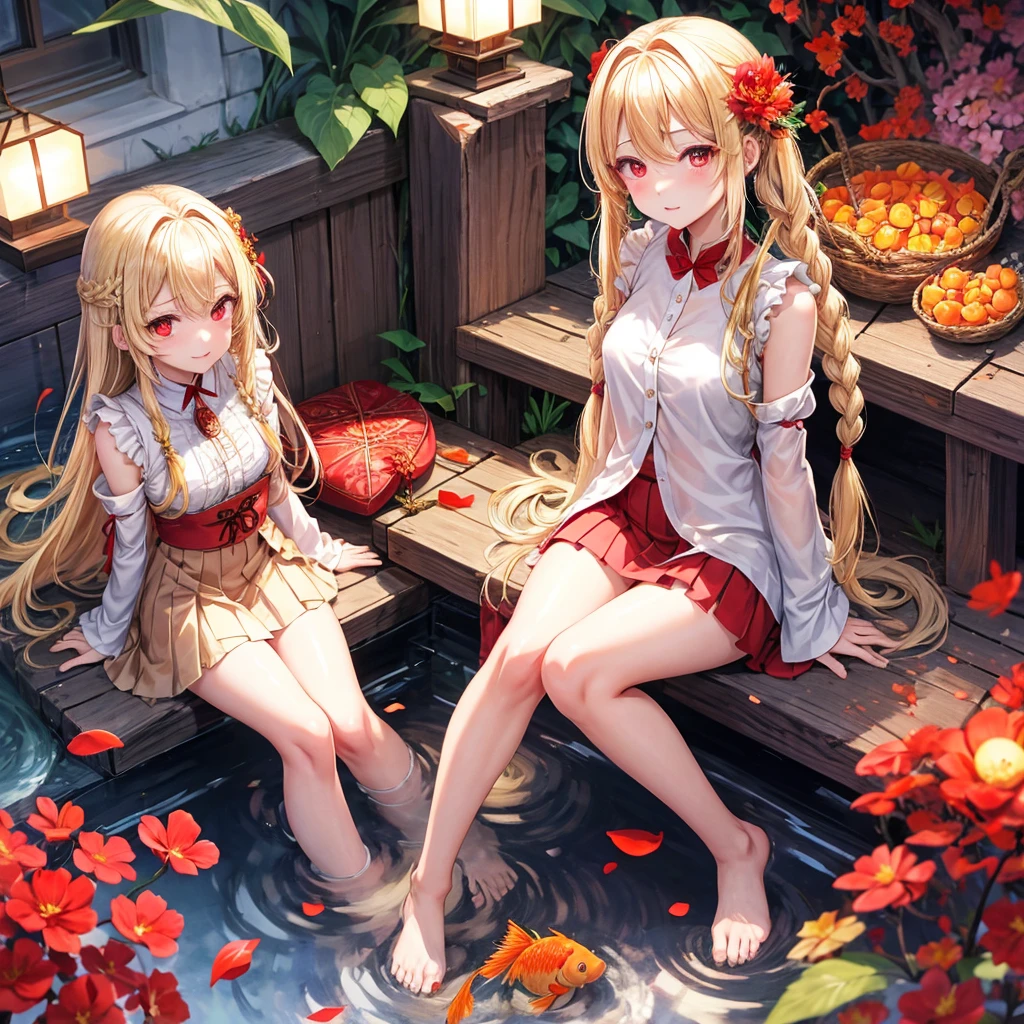 a blond、Braids、red eyes、One pretty girl、独奏、animesque、lightly dressed、a miniskirt、sitting on、flower petals、bare-legged、firey、goldfish