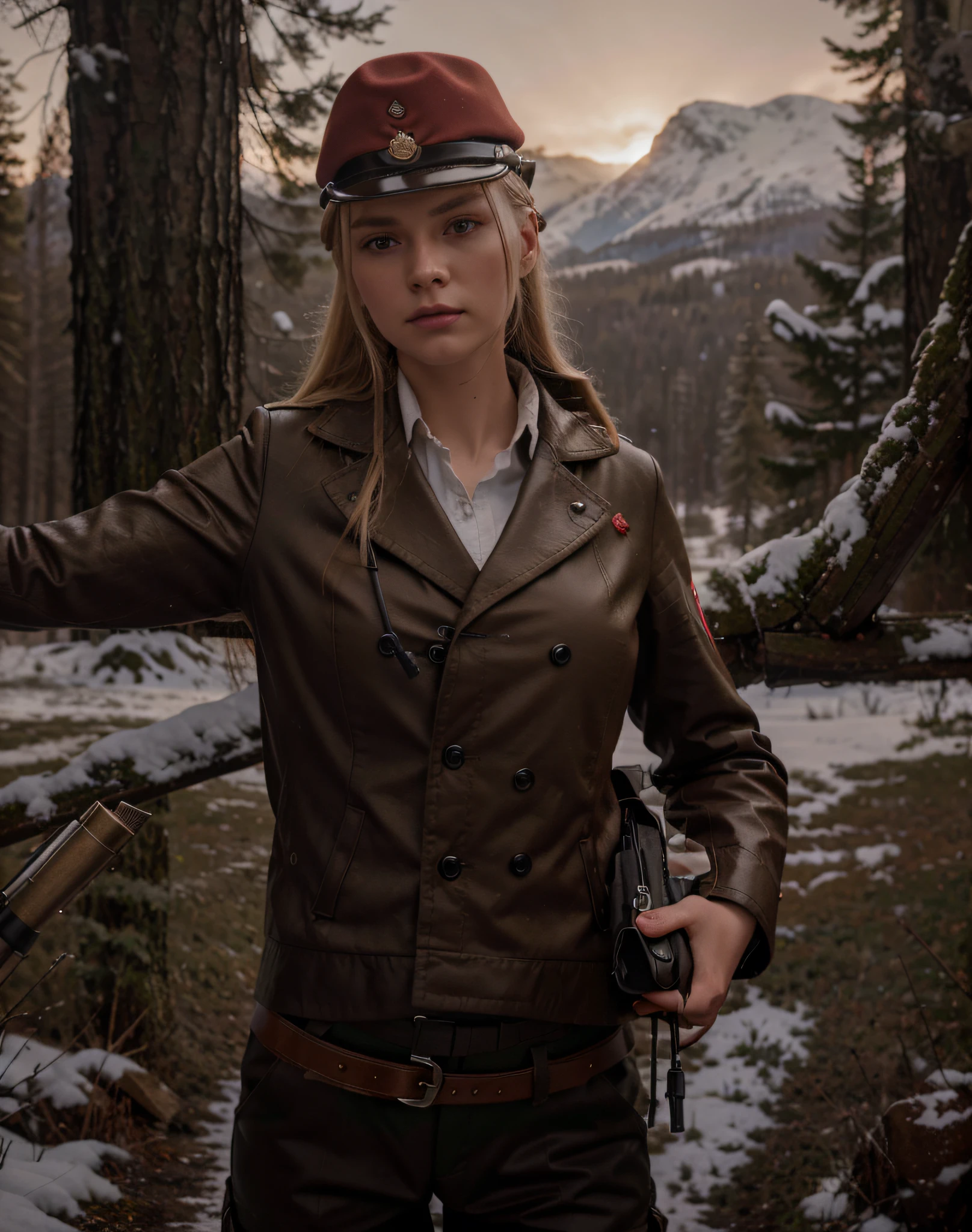 Beautiful young Soviet soldier woman, Latvian face, military hairstyle blonde hair, military hat, gloved hands, dark red uniform with black details, wears a pistol, belt with ammunition and transmitter, military boots, stands in a Polish forest, snowy day, red sky, 4k, Ultra detailed image, realistic, Highly detailed, perfect composition, splendid, Intricately detailed, incredibly detailed, Art photography 8K, hyper detailed, Masterpiece, Ultra detailed, hyper realistic, 4k, Ultra detailed image, realistic, Highly detailed , perfect composition, splendid, Intricately detailed, incredibly detailed, 8k fine art photography, hyper detailed, Masterpiece