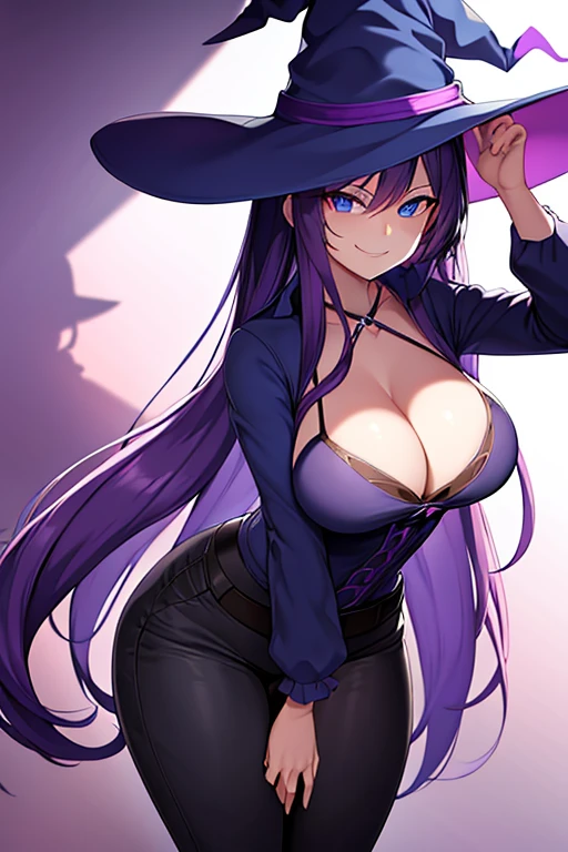 Breasts, witch, purple hair, blue eyes, long hair, witch hat, shadows, darkness, dark, magic, smile, smug, shirt, pants, wide hips