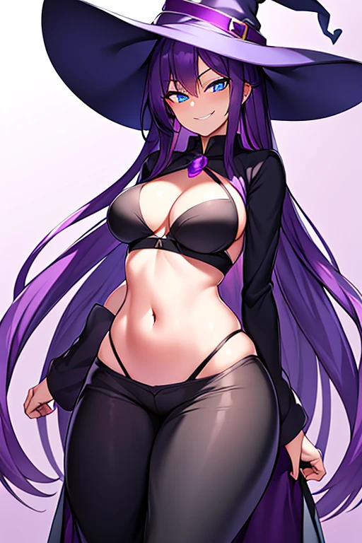 Breasts, witch, purple hair, blue eyes, long hair, witch hat, shadows, darkness, dark, magic, smile, smug, shirt, pants, wide hips