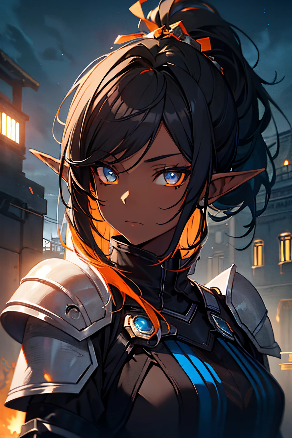 masterpiece, best quality, ((1girl)), (colorful),(finely detailed beautiful eyes and detailed face),cinematic lighting,extremely detailed CG unity 8k wallpaper, sky, cloudy_sky, building, moonlight, moon, night, (dark theme:1.3), light, fantasy, ((Blue Eyes)) ((Dark Skin)) ((Elf Ears)) (((Tribal Black clothes with Orange Accents))) (((Long Straight Black Hair with Ponytail))) ((Matriarch)) ((Mettalic Gauntlets)) ((Armor)) ((300 yr old))
