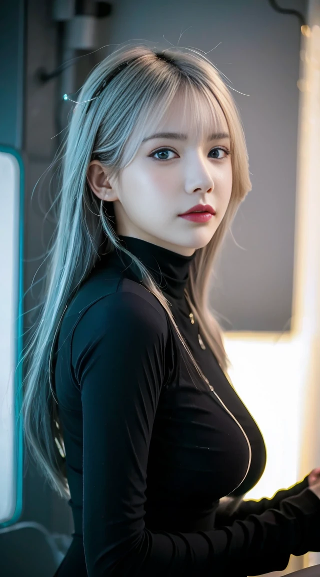A silver-haired woman sits on the wall， anime cyberpunk art， cyberpunk anime art， female cyberpunk anime girl， cyberpunk anime girl， dreamy cyberpunk girl， cyber punk Girl， anime cyberpunk， Cyberpunk beautiful girl， digital cyberpunk anime art， Teen Cyberpunk Robots， neonpunk， miss seberg， High quality cyberpunk art， Anime cyberpunk moderno，machine arm, Solve the problem correctly，Sci-fi headdress, Exquisite science fiction setting，Intricate garment details，Bioluminescence system，Raised sexy，feminine expression，ray traycing，NVIDIA RTX，Hyper-Resolution，Unreal 5，sub surface scattering，PBR textures，Post-processing，Anisotropy Filtering，depth of fields，maximum definition and sharpness，Many-Layer Textures，Albedo e mapas Speculares， Surface Coloring，Accurately simulate the interaction of light with materials，proporções perfeitas，Rendered by Octane，twotonelighting，Low ISO，White balance，trichotomy，largeaperture，8K original，High efficiency sub-pixel，filmgrain，Luminous Particle，facing at the camera，looking at viewert，golden section，8 k hd wallpaper