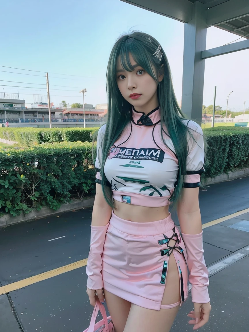 Top Quality, Ultra High Resolution, (Photorealistic: 1.4), (Pink Long Hair: 1.3), (Azure Lane\), One Girl, (Kpop Idol), Watch Audience, Detailed Face, Contrappost, Smooth Skin, Perfect Anatomy Professional Lighting, Futuristic Fashion, Streetwear, High-Tech Fabric, Racing Suit, Fireproof Material, Elbow and knee pads, racing gloves, personalized embroidery, mini skirt, belly button, long hair, emerald green hair, light blue hair, blue-green hair, Suzuka circuit, circuit home straight, race track, international circuit, supergt, big breasts, big, race queen, side tail