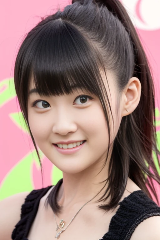 (Best Quality,masuter piece:1.2)Perfect and ultimate idol,Artist Photos,perfect detailed,Cute anime girl,with round face,Perfect and beautiful face,(Realistic,Photorealistic,Live action:1.2),a cool,triumphantly,A smile,small tits,Detailed face,1girl in,Solo,Bright background,Beautiful girl in casual clothes,frontage,Focus on the face,The background is a concert stage,Right eyes,correct body