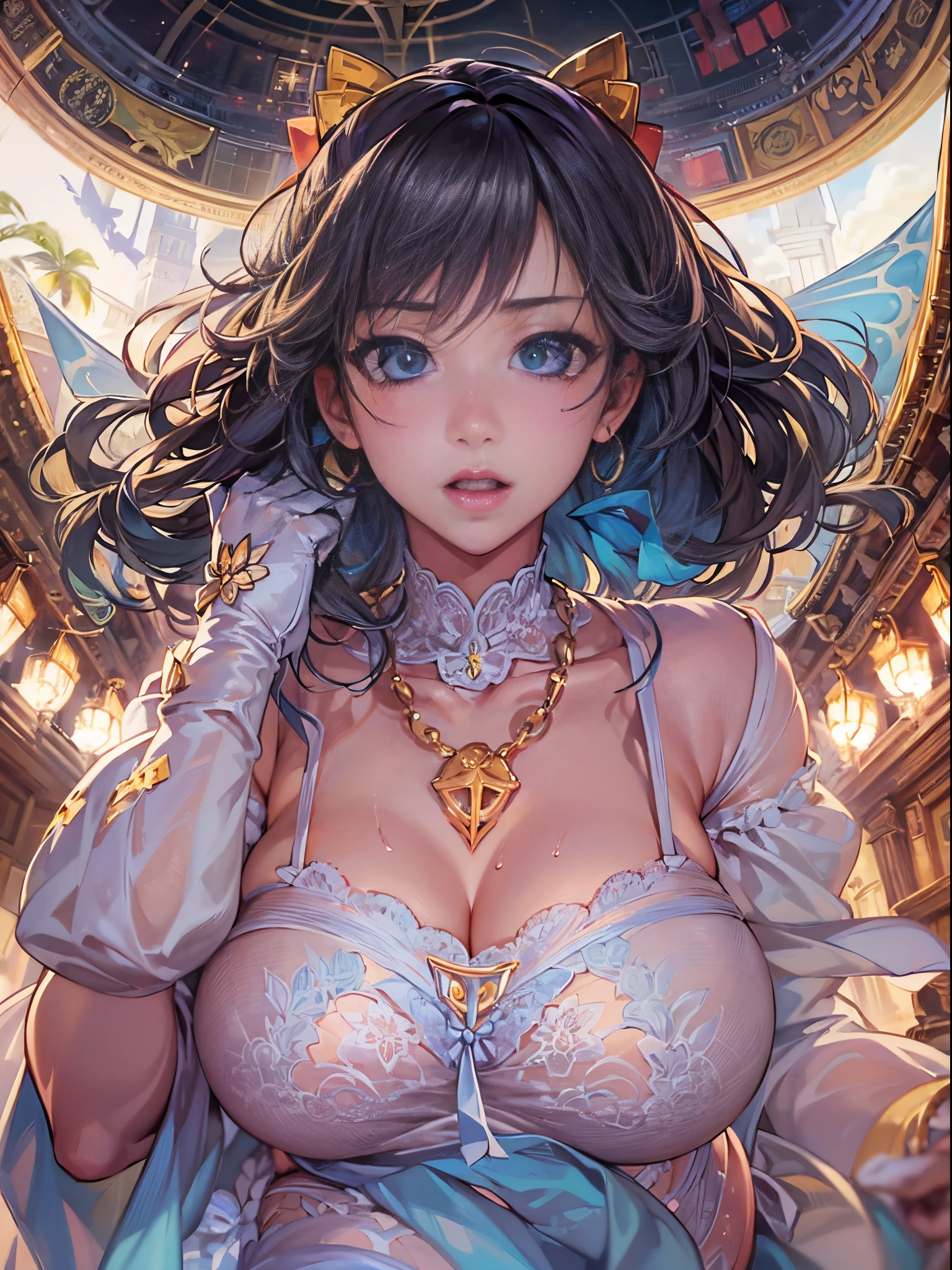 1girl in, embarassed face, Shiny skin, Best Quality, masutepiece, Detailed beautiful face and eyes,爆乳、See-through lingerie with a small area, Sailor Mercury, Cowboy Shot、large full breasts、Spread your legs apart，funk，Elongated，鎖骨，groin，Take off your underwear，Glowing skin，Sweaty skin，Works of masters，The highest image quality，hightquality，high detal，超A high resolution，8K分辨率，perfect hand，Full body photo，Exquisite facial features，Perfect face，（真实感：1.4），（Front Focus），Surrealist portraits of women by David Hockney and Alphonse Mucha，((ultra gigantic tits))、( Big breasts exposing cleavage)、((enchanting posture))、Fantasyart，，Photographic realism，动态照明，art  stations，poster for，Volumetriclighting，The details on the face are particularly rich..，((Colossal tits))、Sexy thighs，exposing the abdomen ,Chest 1 Girl, In the darkness of the night,