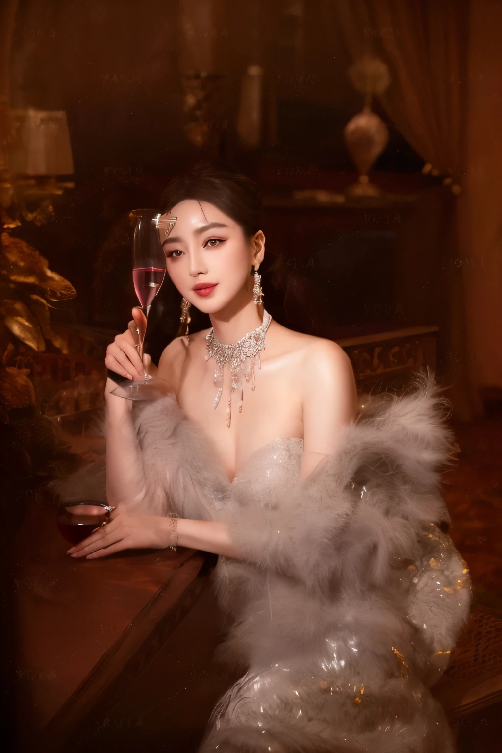 araffe woman in a silver dress holding a glass of wine, luxurious neckless, dilraba dilmurat, inspired by Zhang Shuqi, wenfei ye, xintong chen, elegant glamor pose, inspired by Tang Yifen, elegant lady, fan bingbing, extravagant feathered collar, sha xi, inspired by Zhang Yin