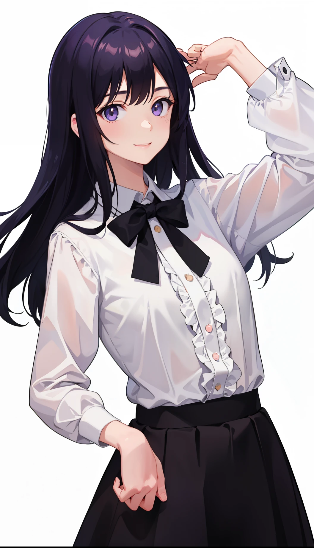 1girl in、AS-Adult、A smile、Light in the eyes、The shirt、Blouse、pleatedskirt、(small tits)Chilarism、movement、Upper body portrait、