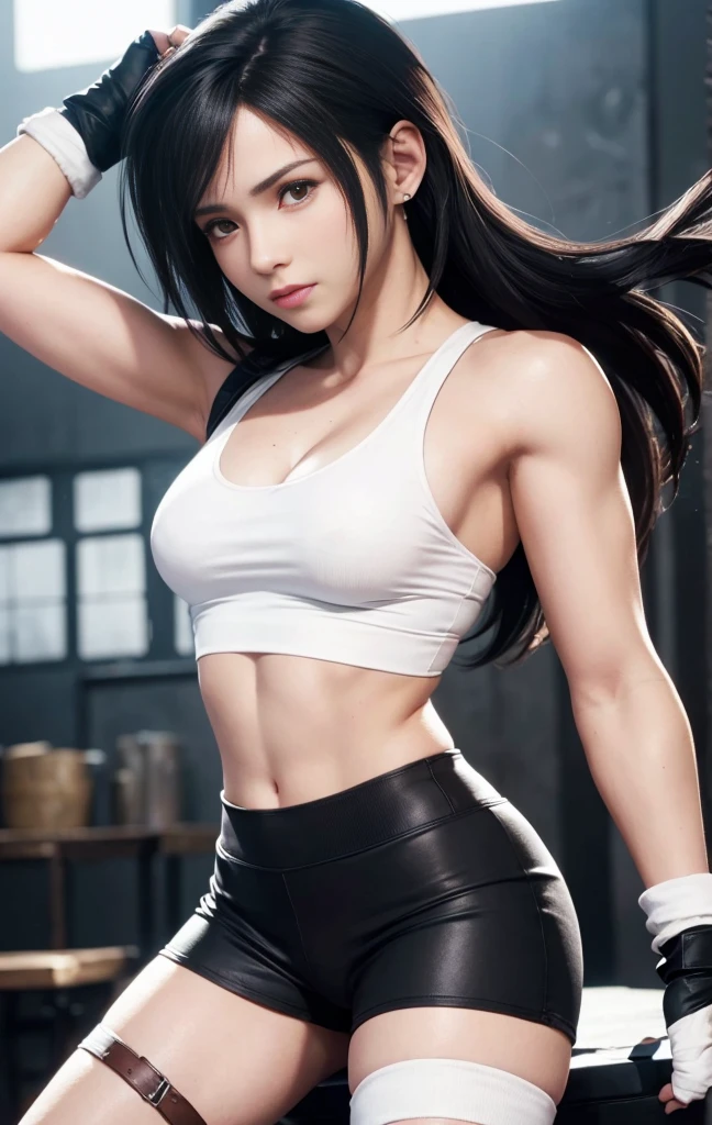 (best quality,ultra-detalhado),(Realistic:1.37),Tifa Lockhart,Rosto bonito e detalhado, expression serious, textura ultra realista, rosto delicado, corpo delicado, Fit physique