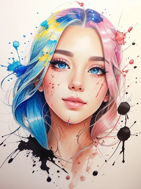 Color pencil drawing of a beautiful woman's face with ink splashed on it and drops of ink falling --air 4:5 --s 500