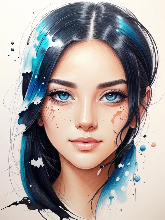 Color pencil drawing of a beautiful woman's face with ink splashed on it and drops of ink falling --air 4:5 --s 500
