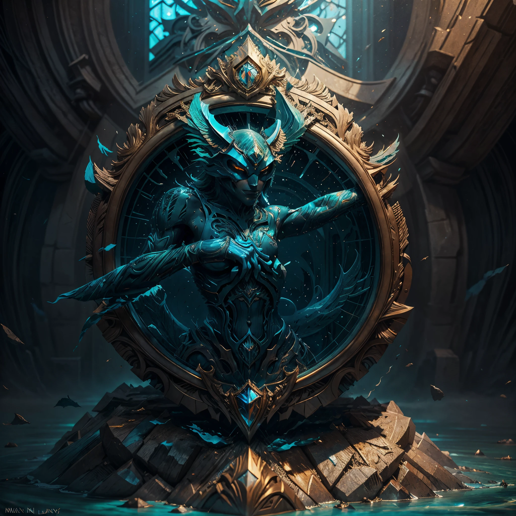[lobo azul] Heraldic silhouette, logo masking style illustration, por dan mumford, por greg rutkowski, por james jean, fundo preto, arte de fantasia, misterioso, realista, majestoso, cores vibrantes ricas, alto contraste, seamless water brand, artstation, deviantart, drible, redbubble, teepublic, foco nítido, simples, hiper detalhado, desenho detalhado, vetorizar, contorno, isometric style, 8k."