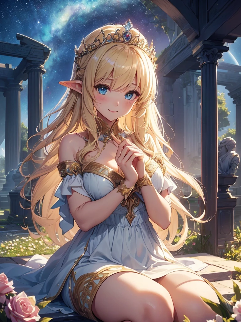 top-quality、Top image quality、​masterpiece、Elven Beauty、smiling while holding a bouquet of roses((24 year old、Best Bust、big bast、Bust 90,Beautiful blue eyes、,Blonde long hair、A slender、a closeup、Esbian、beautiful tiara、hiquality、Beautiful Art、Background with((starrysky)))masutepiece、visualart、depth of fields、morning、sunrises、Elven ears、、mid night、harp melody🎵、Happy smile、Gentle light、、Beautiful skins、beutiful breast、beautiful foot、welcome、、accurate fingers、Exact finger count、nffsw、Beautiful dress、Mystical　　In the flower garden、flower  field、、the woods、Marble pillars、Sit up