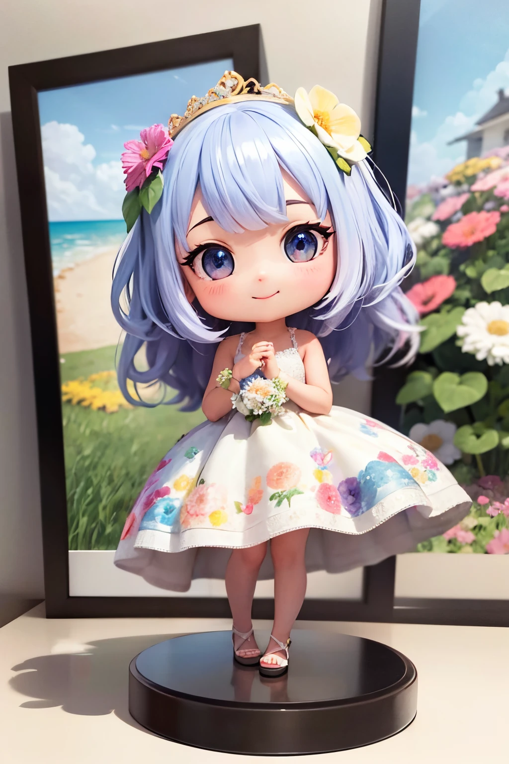 photoRealstic、Nendroids in wedding dress standing in front of the painting、A smile、watercolor Nendoroid、(High Definition Figure)、Flowing iridescent silk、up of face、Eye Up、Colorcon with heart pattern、Floral dress、There are also flowers in front of the nendroids、flower petals、season!!: 夏天☀ 🍂