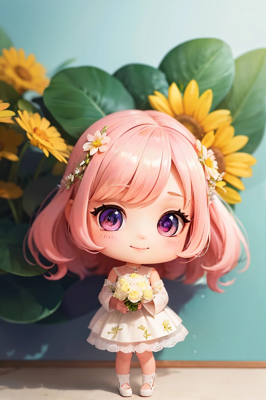 photoRealstic、Nendroids in wedding dress standing in front of the painting、A smile、watercolor Nendoroid、(High Definition Figure)、Flowing iridescent silk、up of face、Eye Up、Colorcon with heart pattern、Floral dress、There are also flowers in front of the nendroids、flower petals、season!!: 夏天☀ 🍂