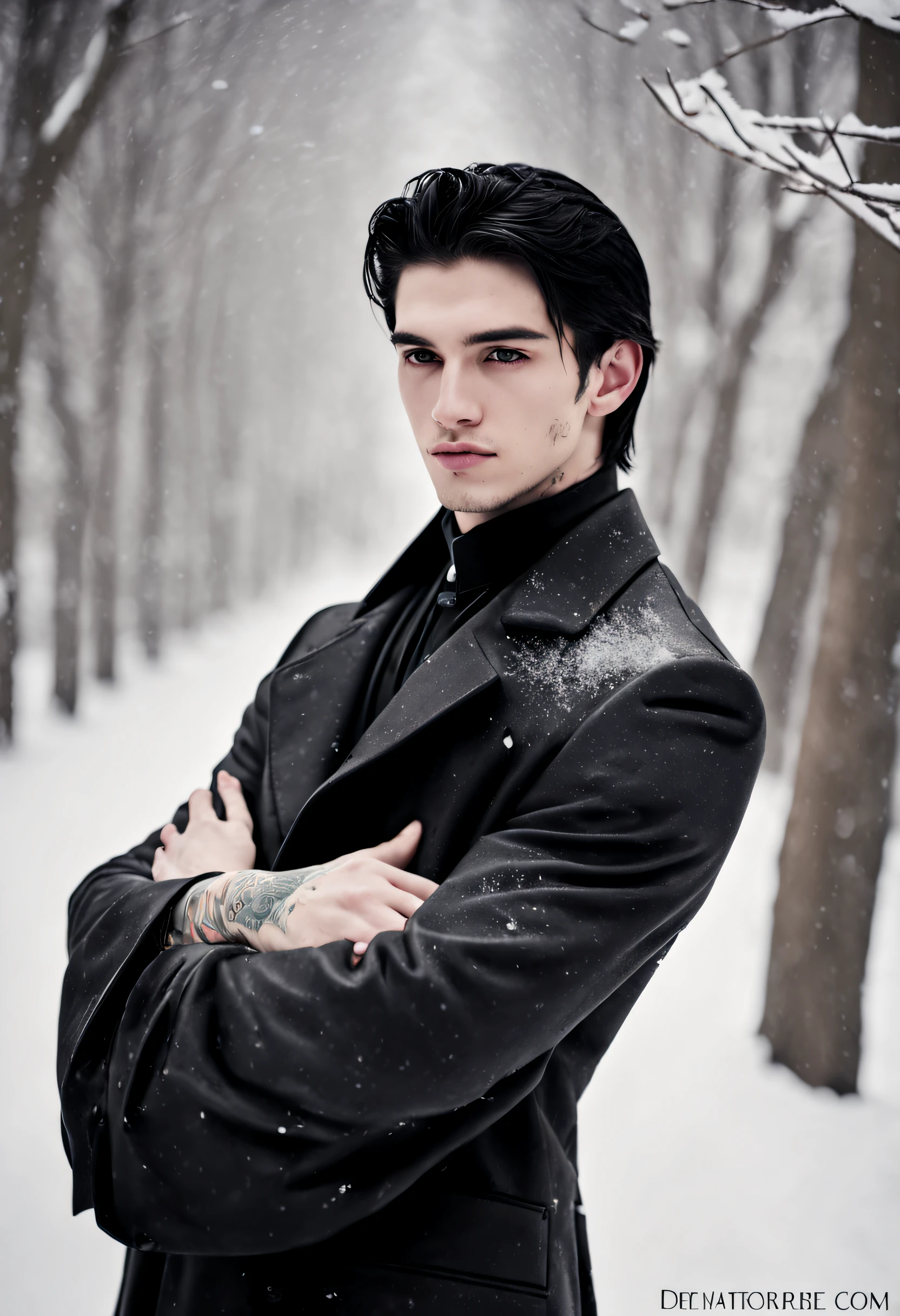beste-Qualit, tmasterpiece, very pale guy, black coat, black hair, snowfall, tattoo on left hand, tattoo, A young man, Handsome guy
