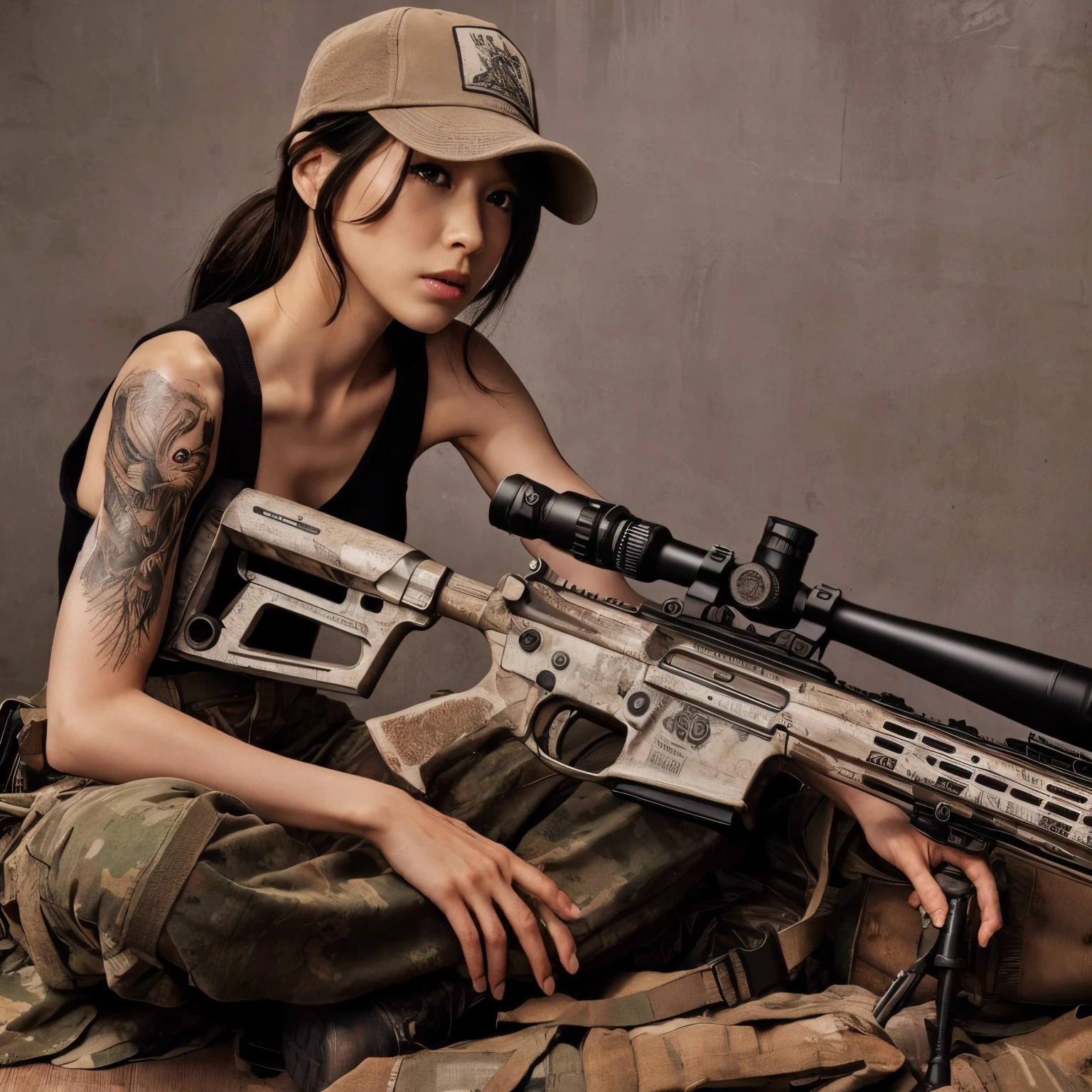 Realistic Photos、Realistic skin textures、automatic rifle、The tattoo, hat