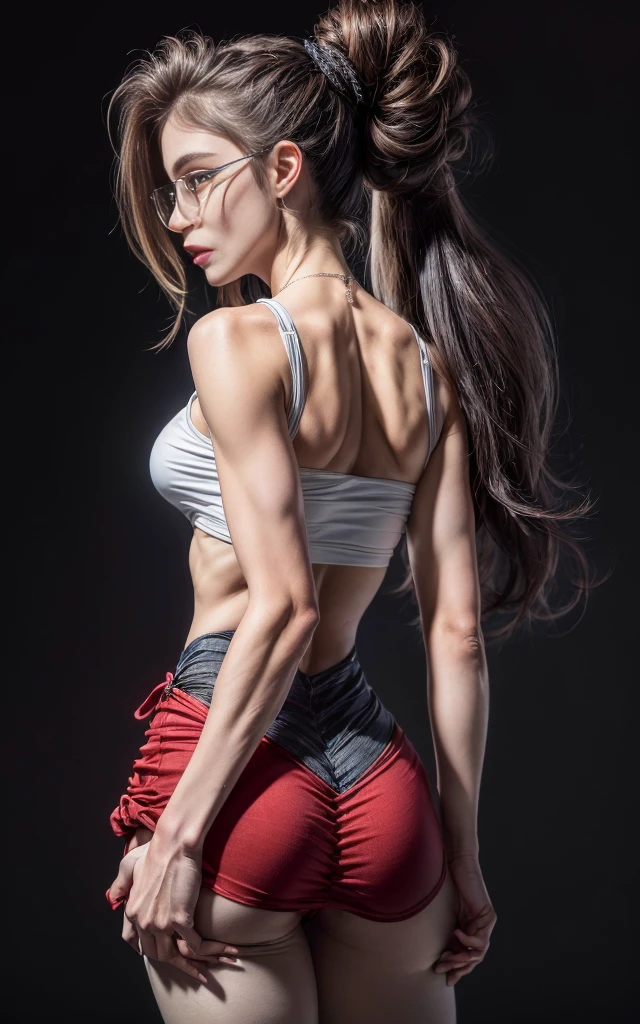 (8K, Masterpiece, RAW photo, Best quality, detail:1.3), (ultra realistic:1.4, scenary, 8K), Depth of field, Cinematic light, (ultra realistic face), (1 solo girl:1.7), (Beautiful and elegant Russian girl), ([tight miniskirt|tight leggings|tight skinny jeans|tight minidress|tight skinny minishorts], [red|white]:1.6), (skinny girl with glasses), (European face:1.3), (natural abs), (full body:1.5), ([tight minitop|tight jacket]:1.4), (small necklace, collarbone:1.1), ([long hair|short hair]:1.5), (ultra detailed skin:1.4), (soft mate fabric:1.3), ([frontal pose|side profile pose|back profile pose]:1.5), (face looking at viewer:1.5), (perfect hands:1.4), (perfect anatomy:1.6), ([black hair|blonde hair]:1.4), ( Twisted Half-Updo hair:1.5)