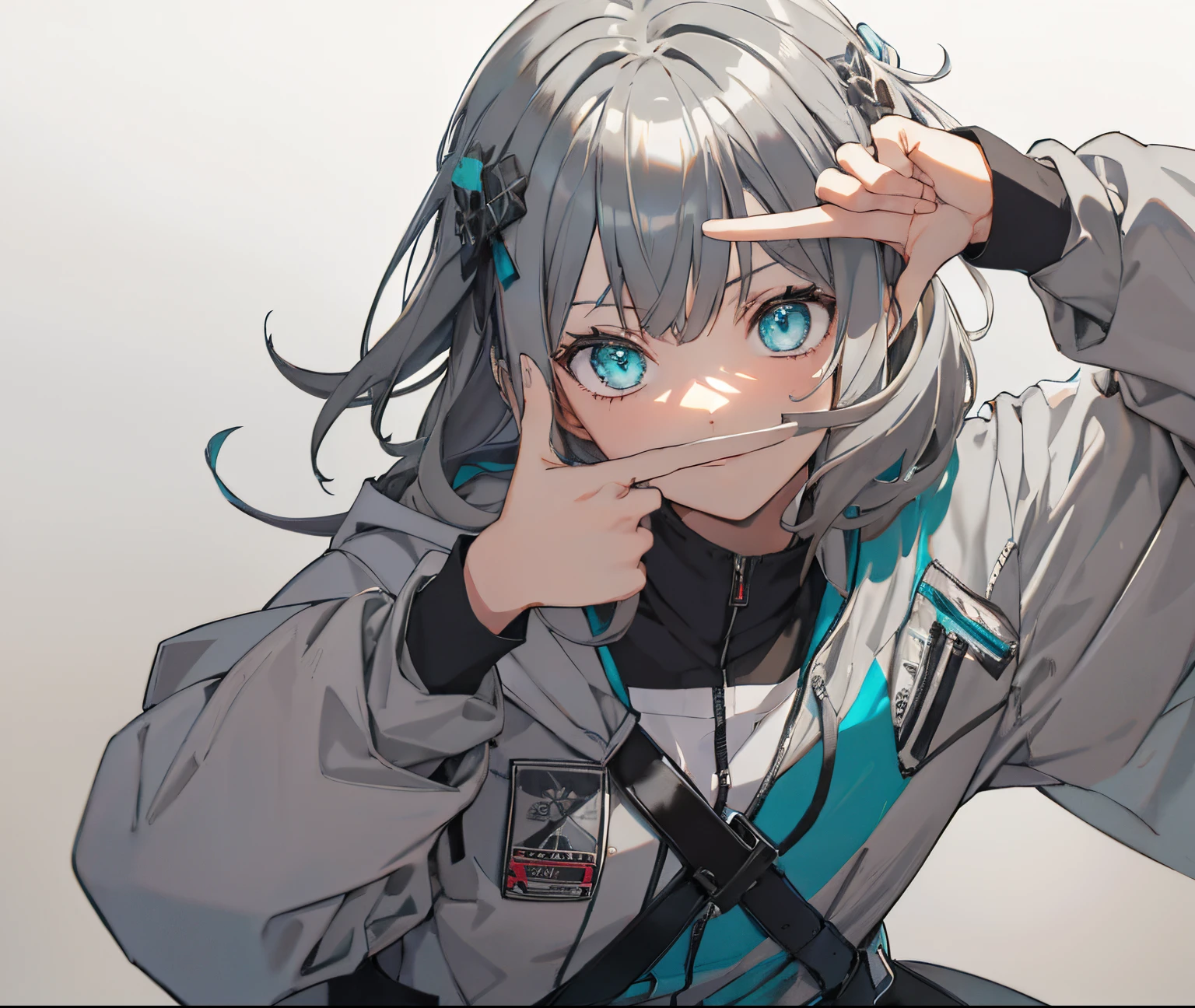 (masutepiece:1.2, Best Quality), 1 girl in, Turquoise eyes, front facing, jet-black hair, Jacket,(Gray white background:1.7),finger frame,