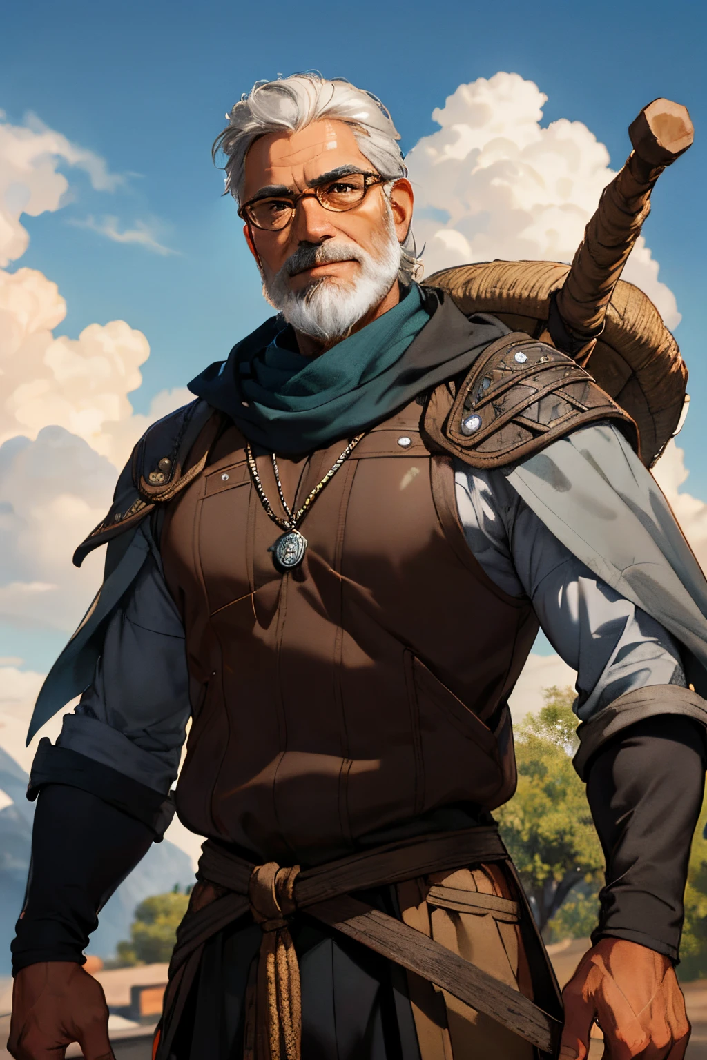 "A Disney-Pixar style 3D movie poster of a man in his 50s with short curly gray hair, well-groomed gray beard, (((half body))), African ethnicity, Apache ethnicity, athletic build, slender body, a subtle smile, wearing glasses and a cunning expression, the witcher outfit, half body