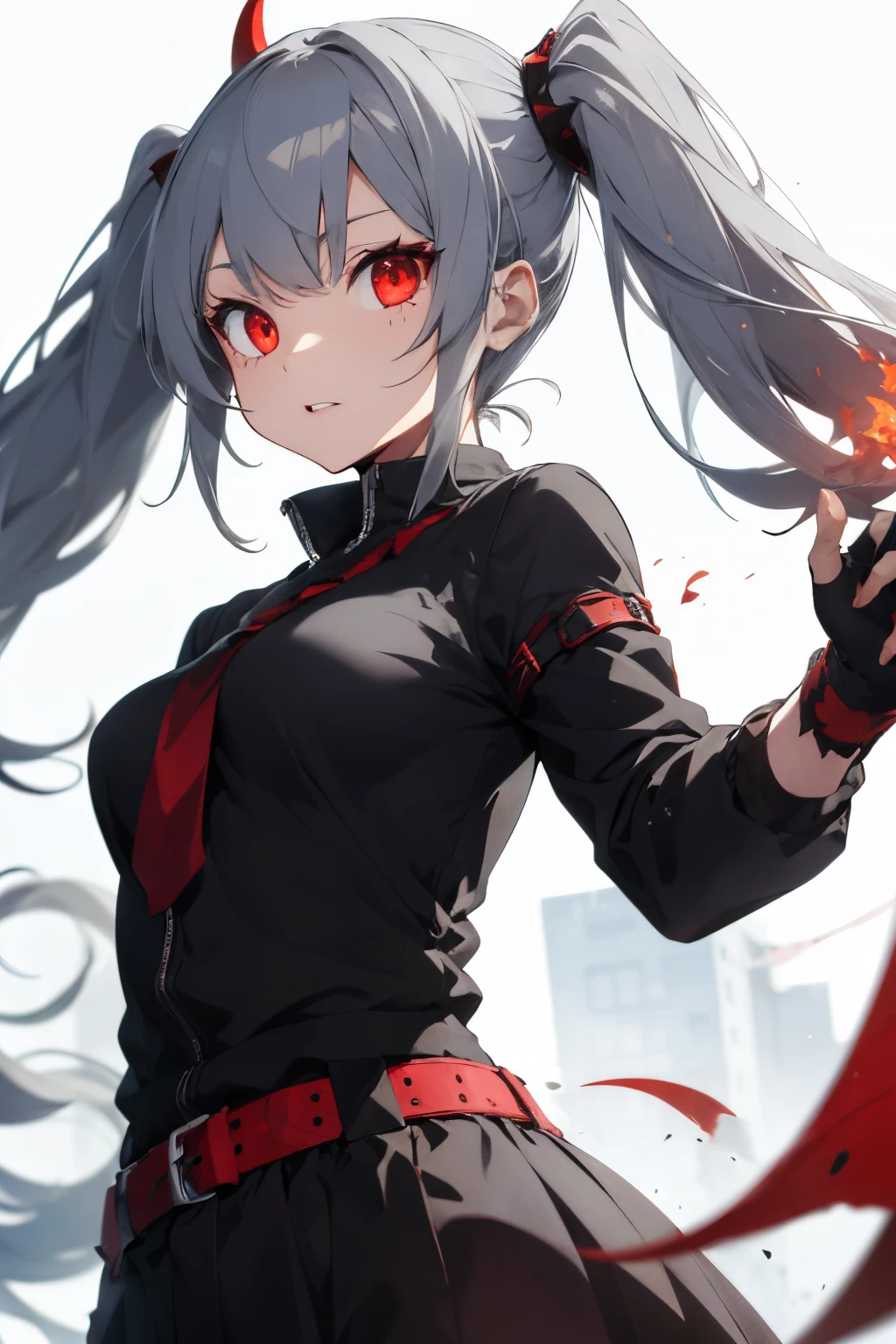 1 demon girl, gray hair, red eyes, wearing her demon battle outfit, black clothes.