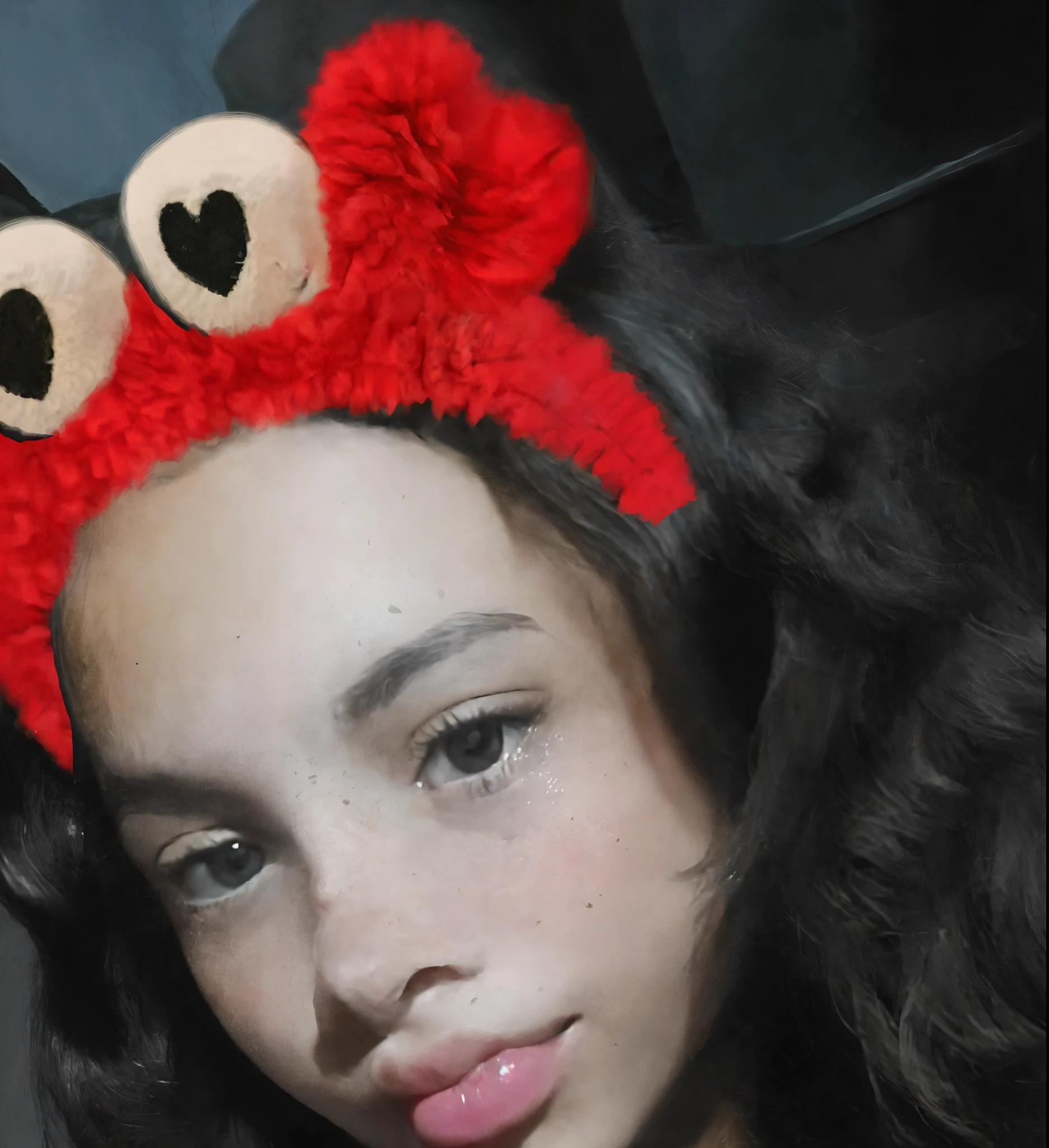 araffe girl with a red hat and a red teddy bear headband, 18 anos, 1 6 anos, cara fofa jovem, ela tem cerca de 1 6 anos de idade, thick red lips, Violeta Myers, imagem de qualidade muito baixa, jovem e bonito, Poarch bonito, taken in the early 2020s, thick lips, rosto perfeito )