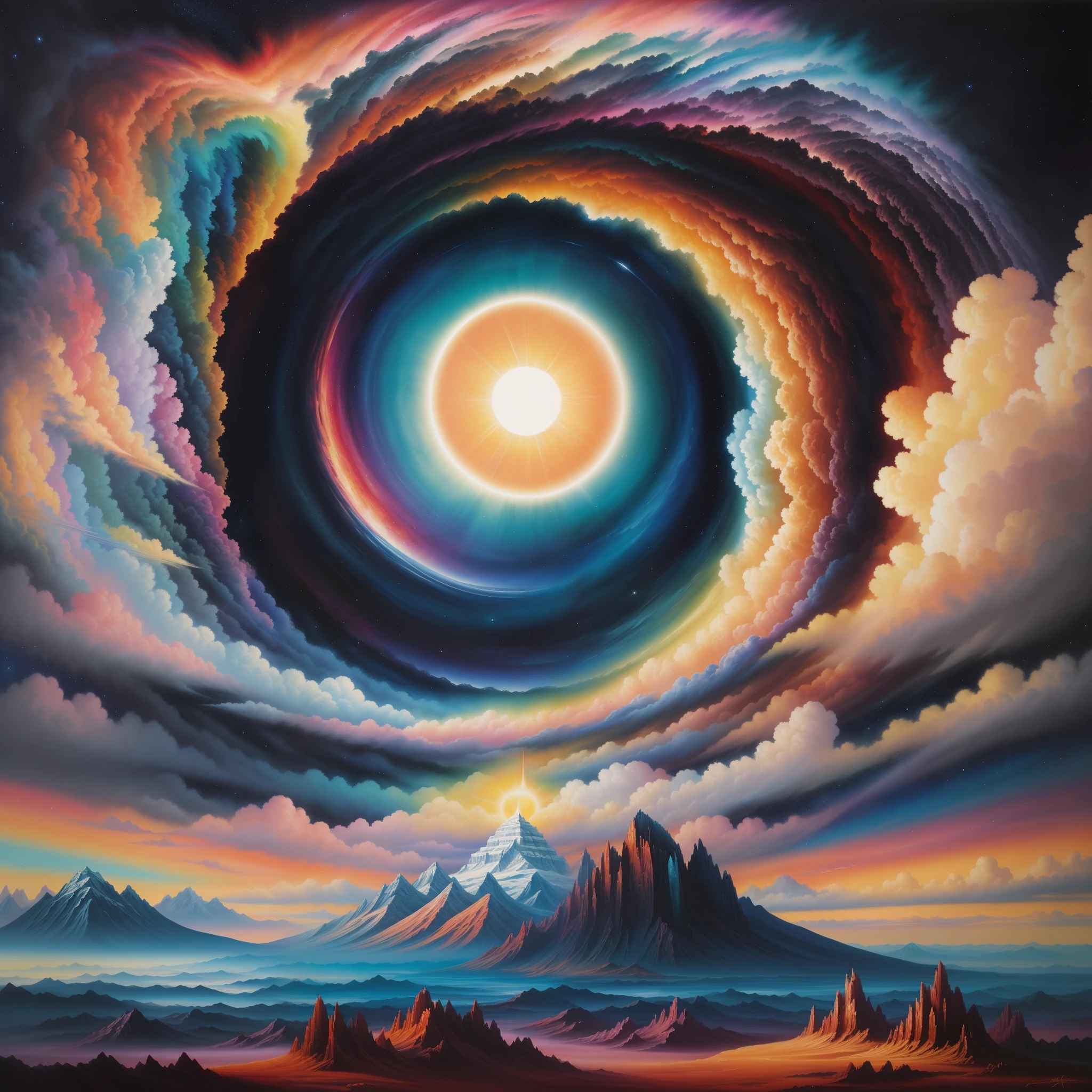 painting of a colorful sky with a mountain and a bright sun, epic surrealism 8k oil painting, Painting of a dreamlike landscape, Fantasy oil canvas, surreal oil on canvas, inspirado na Igreja de Frederico, Fantasy oil painting, on cosmic cloudscape, cosmic landscape, surreal space, Cosmic Colorido Last Moongate, surreal oil painting, celestial collision, swirling scene