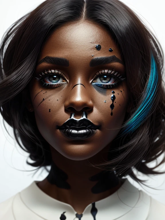 colored pencil drawing of a beautiful woman's face with black skin paint splashed over it and drops of paint falling --air 4:5 --s 500