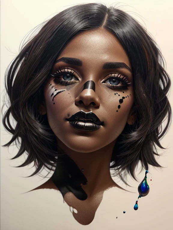 colored pencil drawing of a beautiful woman&#39;s face with black skin paint splashed over it and drops of paint falling --air 4:5 --s 500