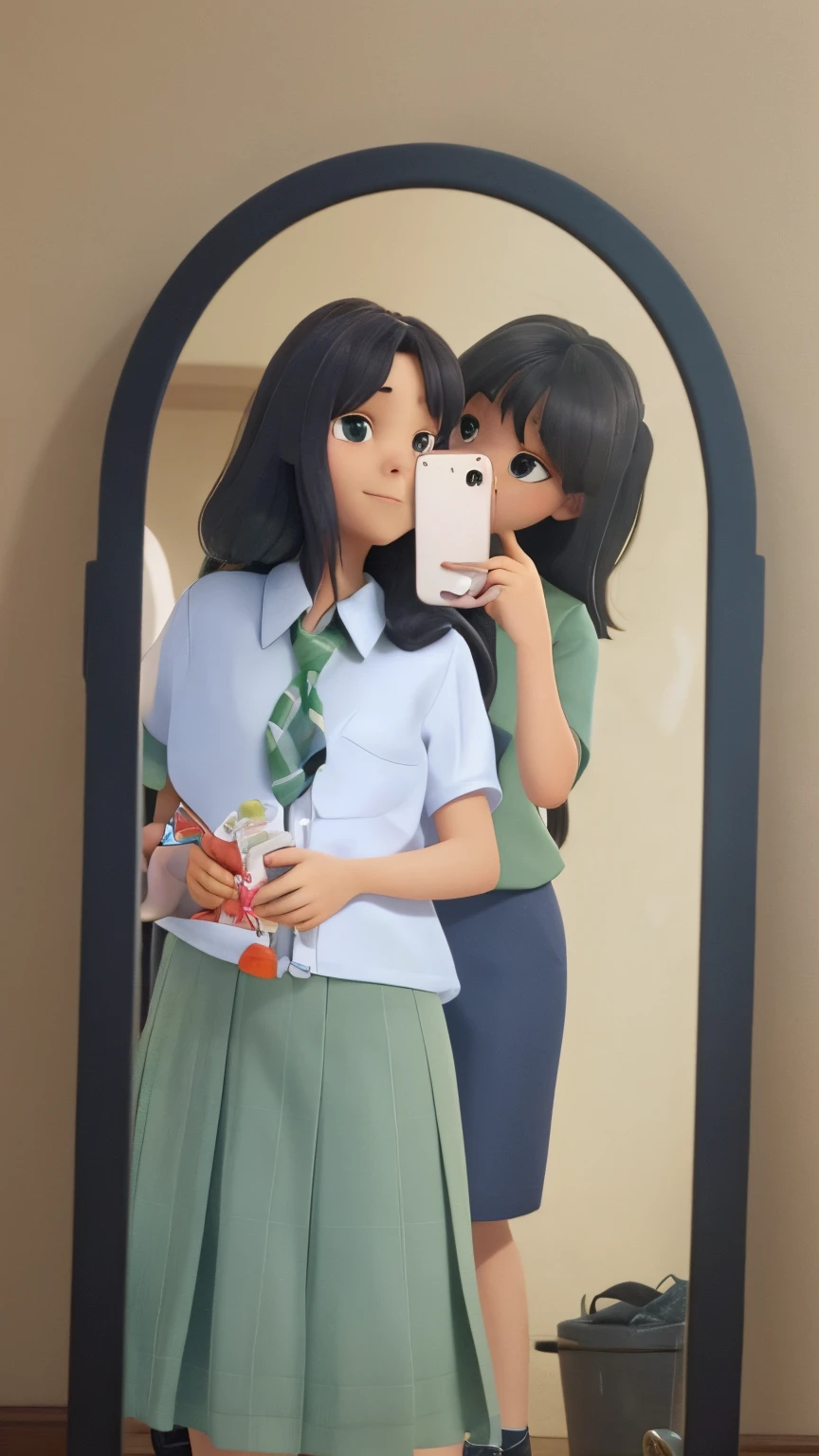 The two couple girl is doing a mirror selfie. The girl in right is wearing a uniform, her skirt and neckties is green. The girl in the right is the one holding the white iphone. The girl in left is wearing a dark blue shirt and a short pants. The girl in left is hugging the girl on the right