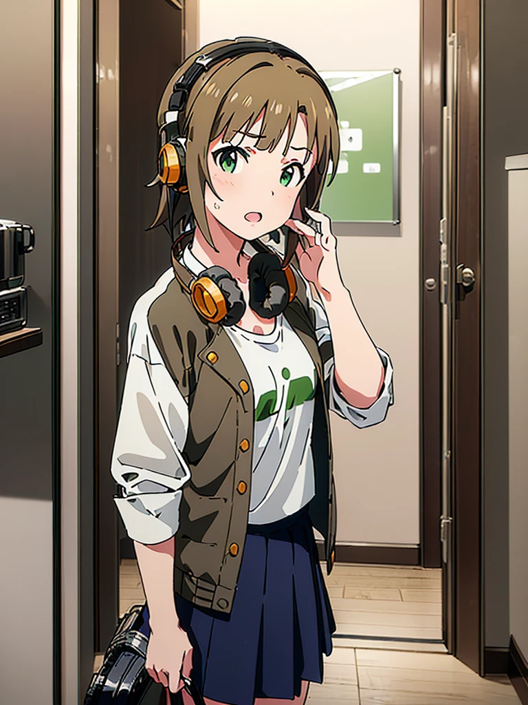 photographrealistic, Sense of depth, Absurd resolution, High resolution, 8K, 4K, detail, Best Quality, (Raw photo, Best Quality, masters:1.2), (Realistic, Photorealsitic:1.37), ultra-detailliert,
((((Riina Tada from Idol master)))), ((1little girl)), 16yo, (((light brown hair))), (green eyes), (((diagonal bangs))), (Blunt bangs), (middle hair), (((headphones on her neck))), (with guitar case), ((Hair parting is on the left side)),
White tee shirt, pleatedskirt, Black jacket,
((small tits)),
Opening Mouth, Looking at the camera, full-face blush,
full body, view from below, looking back,